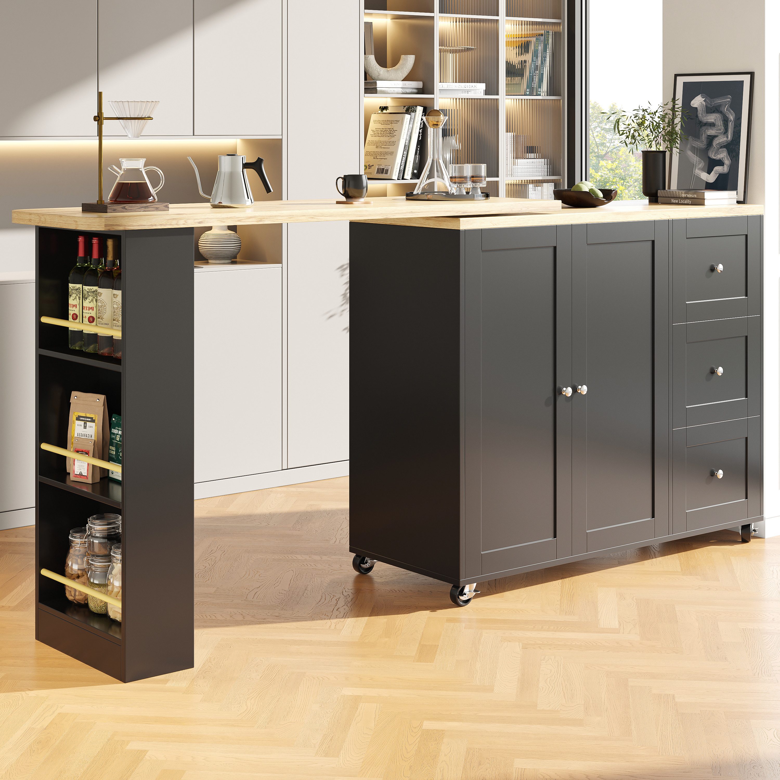 HAUSS SPOLE Bartisch 360° drehbarer Stehtisch mit drei Schubladen Snackhalter, für Küche (Anricht, Bistrotisch mit Rollen, Stauraum, 3 Schubladen, 2 Türen, 3 offener Fächer), mit Rollen, Snackregal, 138–209*39*104 cm