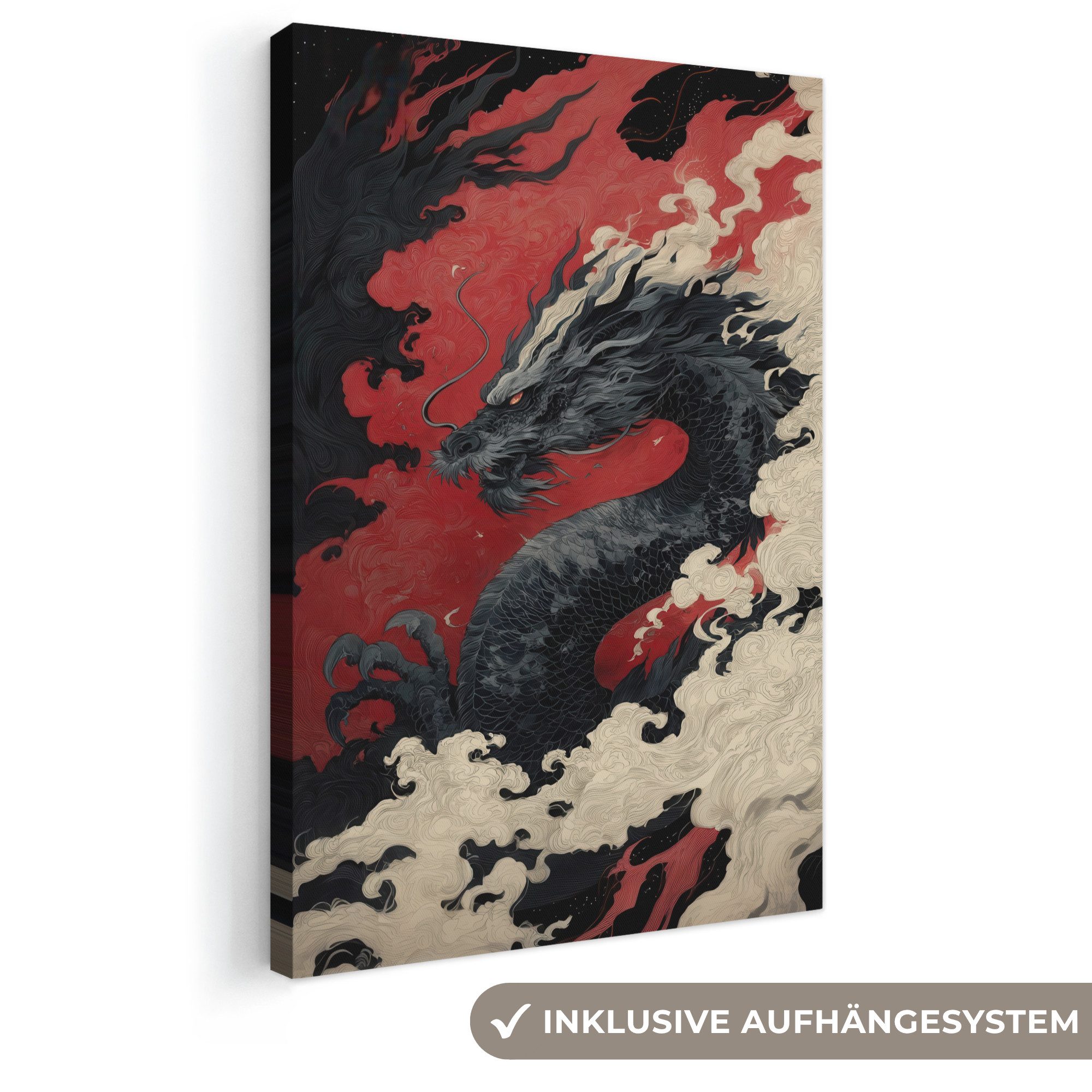 OneMillionCanvasses® Leinwandbild Schwarzer Drache - Rauchwolken - Rot, Fotodruck (1 St), Leinwand Canvas Wandbild, Wanddekoration 20x30 cm