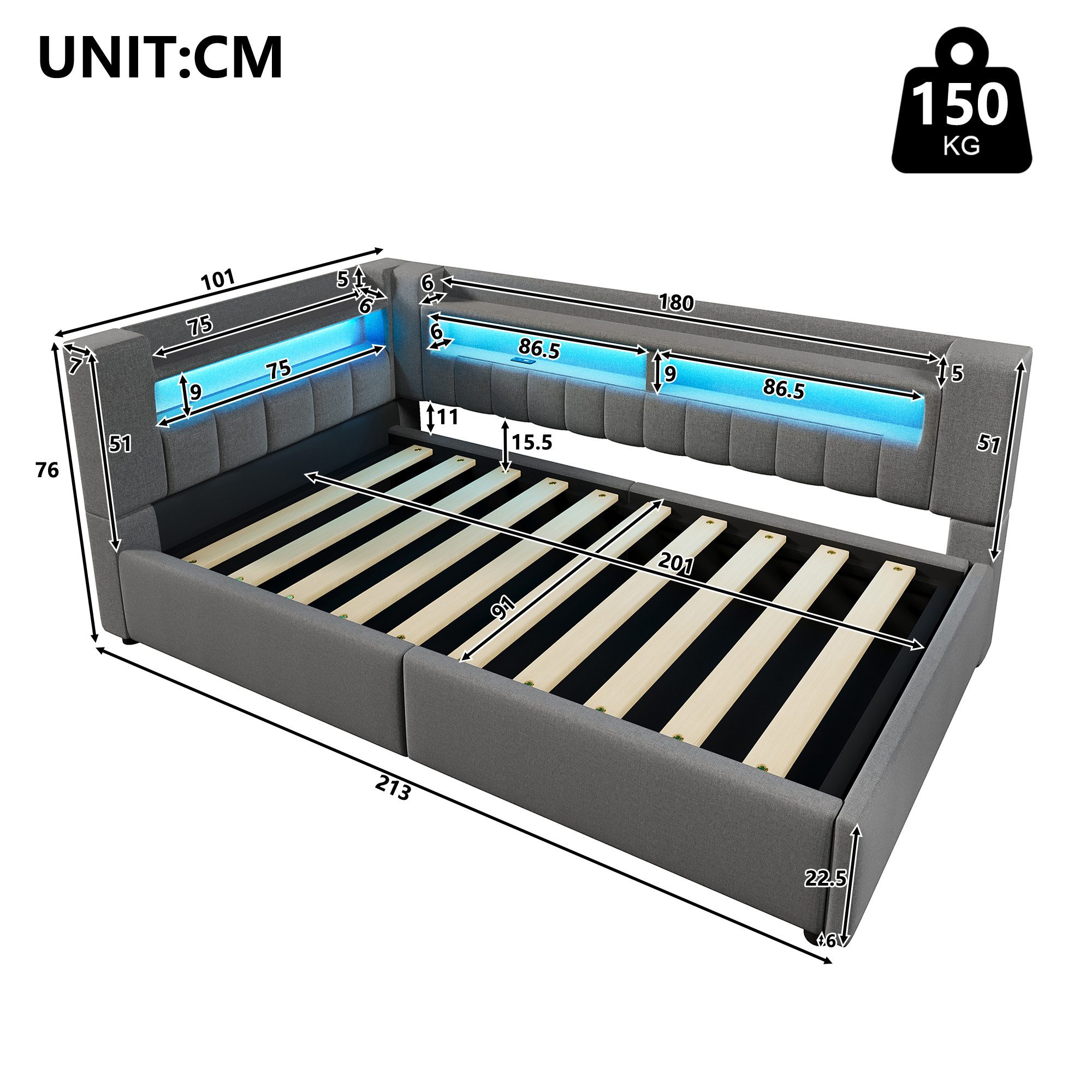 Odikalo Schlafsofa Schlafcouch 90x200 140x200 mit LED und Bettkasten, Hydraulische Lagerungt, Mit USB Typ-C Ladefunktion, LED-Beleuchtung,Sofabett, Einzelbett,  – Bild 5 von 5