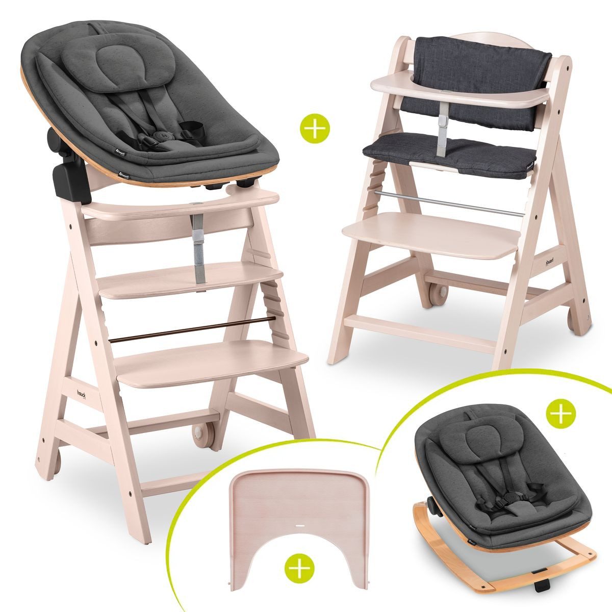 Hauck Hochstuhl Beta Plus Newborn Set - Eco - Whitewashed, Holz Babyhochstuhl ab Geburt mit Neugeborenensufsatz & Sitzkissen