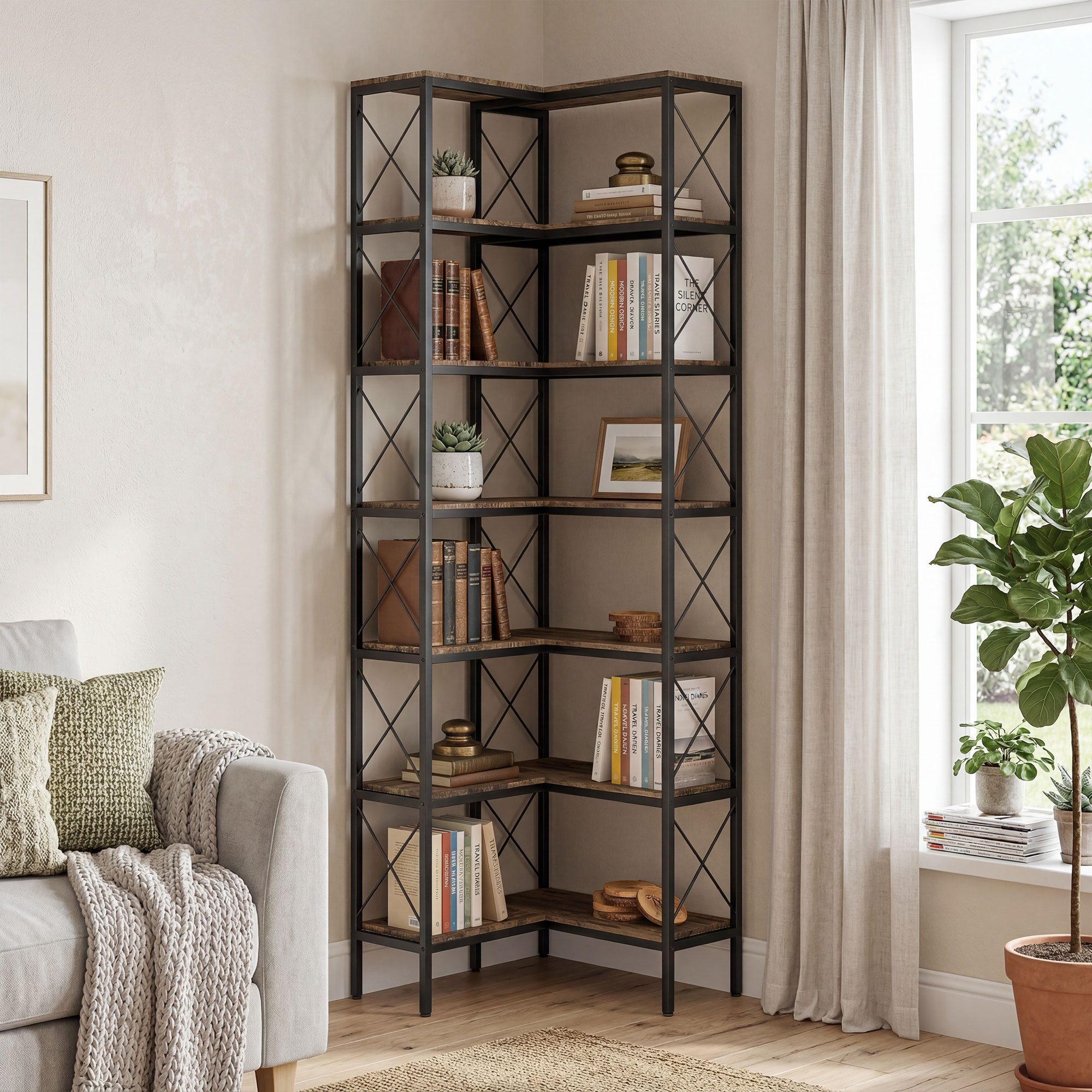 HOMCOM Bücherregal 6 Ebenen Eckregal L-förmiges Standregal mit Metallrahmen für Büro, Büroregal 1-tlg., 60 x 60 x 200 cm, Rustikal-Braun