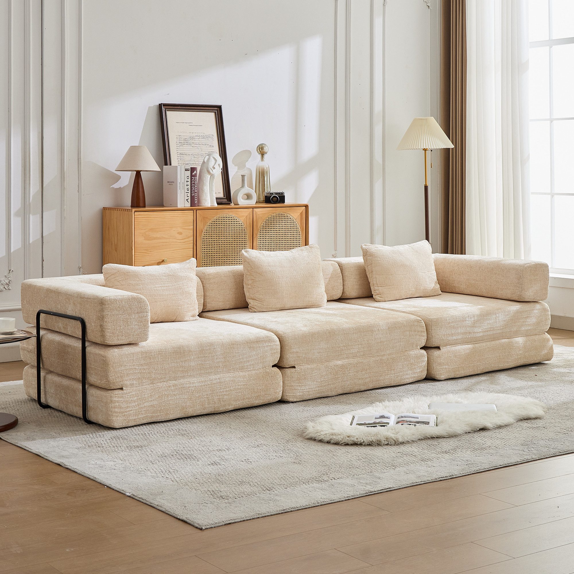 Vankel Sofa Sofas Wohnzimmer, 3-Sitzer Sofa mit Schlaffunktion Chenille, Modulares Schlafsofa, faltbar, komfortabel und ohne Montage