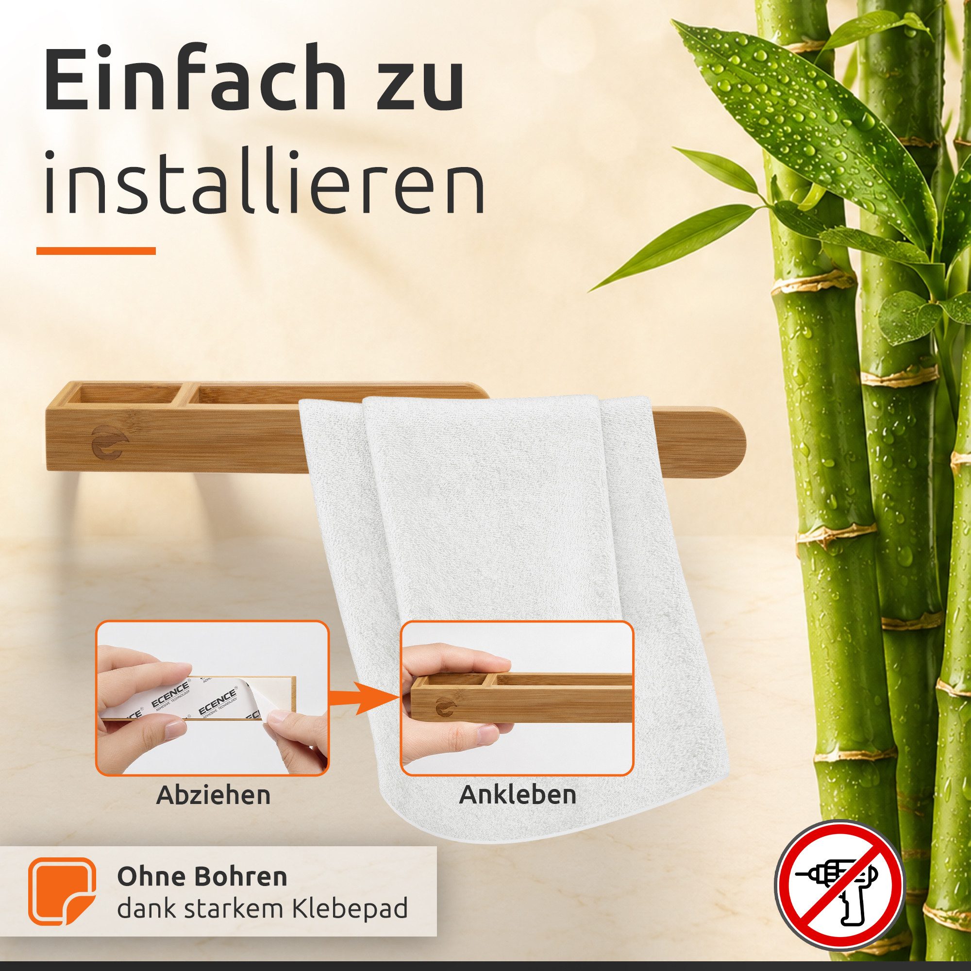 ECENCE Handtuchhalter Handtuchstange selbstklebend Holz Bambus ohne Bohren – Bild 5 von 5