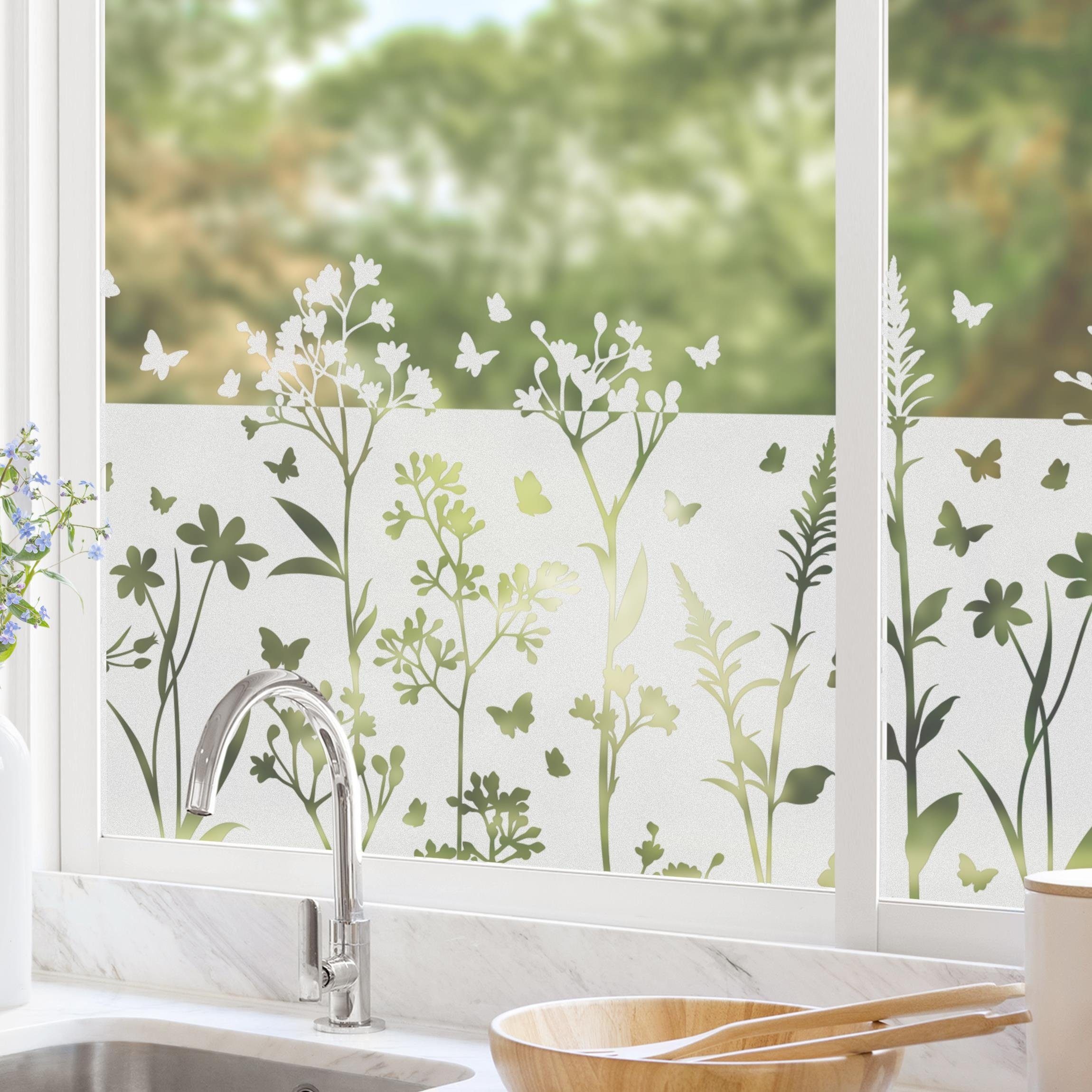 Bilderdepot24 Fensterfolie statisch haftend Motiv Fensterdeko Wildblumen Schmetterlingen Bordüre, blickdicht, Innen Fenster Tür Balkontür Küche Badezimmer Wohnzimmer Schlafzimmer