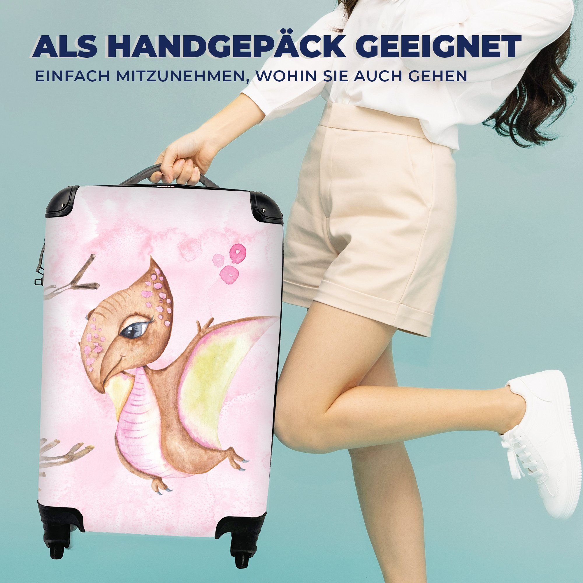 - Rollen, - - Dino 4 Mädchen, Kind Reisetasche mit rollen, - Rosa MuchoWow Reisekoffer Trolley, Ferien, - - Aquarell Handgepäckkoffer Mädchen Handgepäck für Kinderzimmer