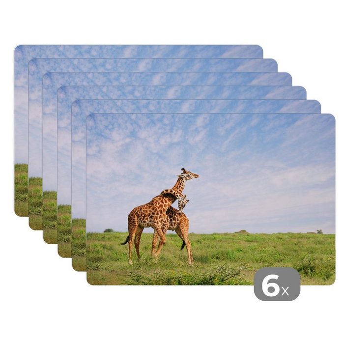 Platzset Zwei Giraffen kuscheln MuchoWow (6-St) Platzset Platzdecken Platzmatte Tischmatten Schmutzabweisend
