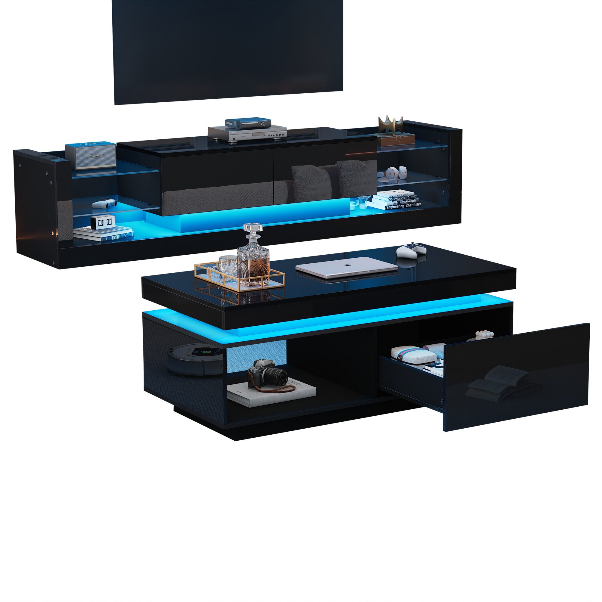Thanaddo TV-Schrank Hochglanz-TV-Schrank-Set, TV-Schrank + Couchtisch, Wohnzimmer-Wand-Set