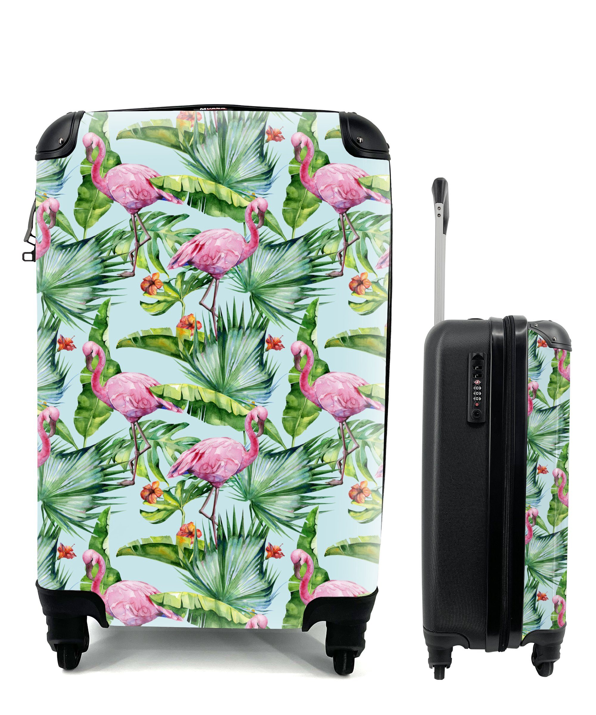 MuchoWow Handgepäckkoffer Hibiskus - Flamingo - Tropisch, 4 Rollen, Reisetasche mit rollen, Handgepäck für Ferien, Trolley, Reisekoffer