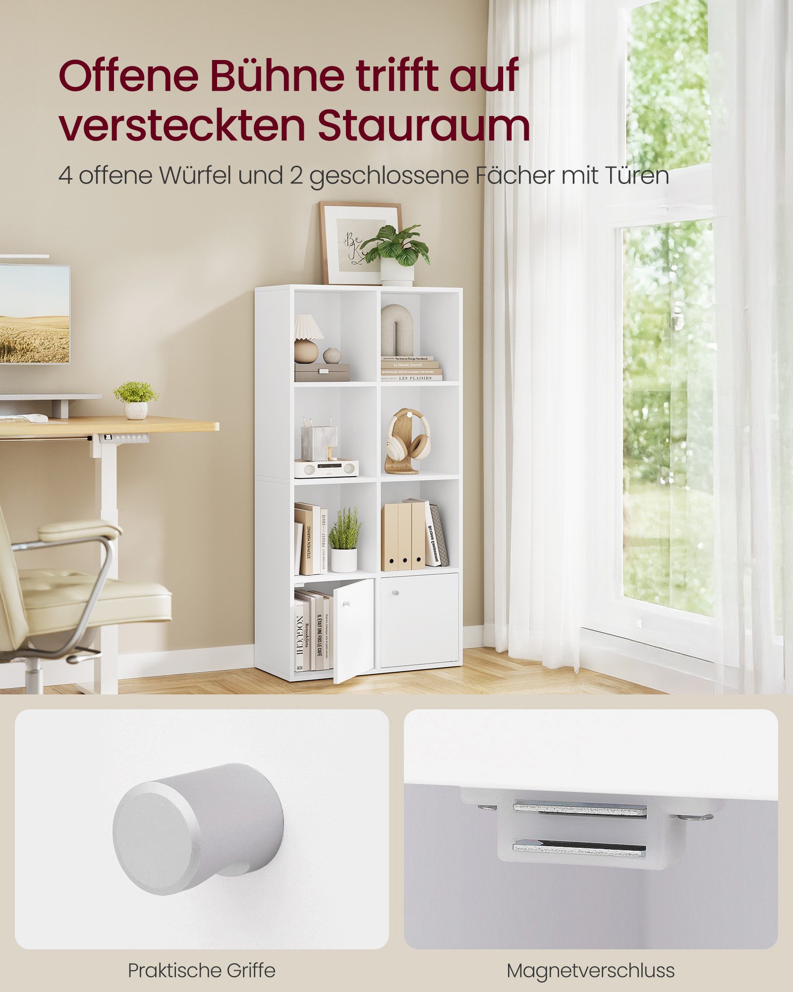 VASAGLE Bücherregal 3-stöckiges Regal, 2 Fächer, 29 x 65,8 x 130 cm, Wohnzimmer Homeoffice Esszimmer, mit Türen – Bild 3 von 5