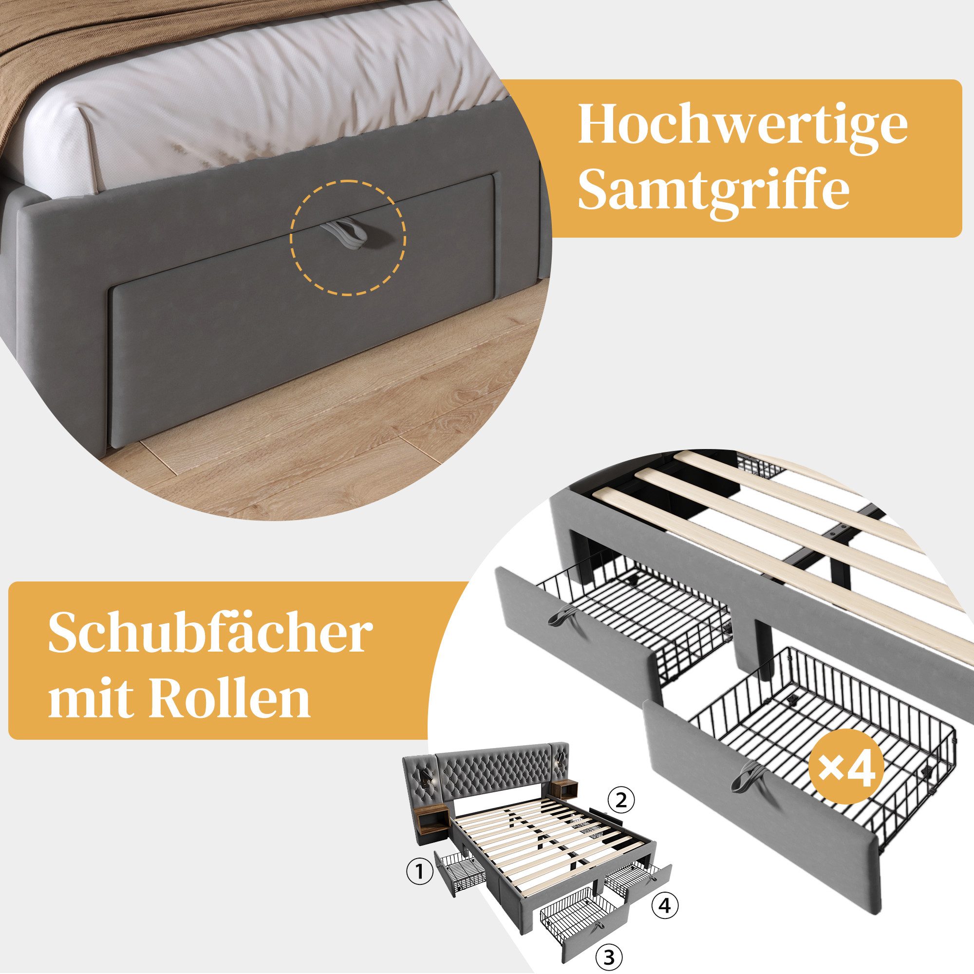 Luckice Polsterbett Doppelbett 180×200cm mit 2 Nachttischen und 4 Schubladen (Bettanlage Schlafzimmer Komplett Set, Kopfteil Leselicht mit USB Ladefunktion), Grau, Samt (Ohne Matratze)