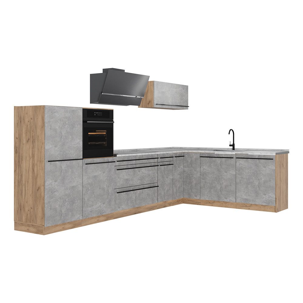 Vicco Winkelküche R-Line, Beton/Goldkraft Eiche, 347 x cm Arbeitsplatte Marmor