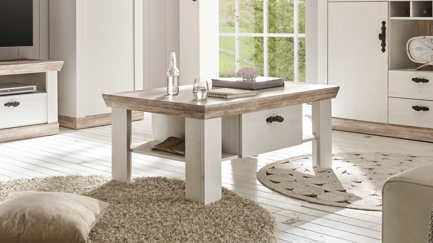 Möbel Akut Couchtisch Couchtisch Florenz Wohnzimmertisch in Oslo Pinie weiß 109x69 cm