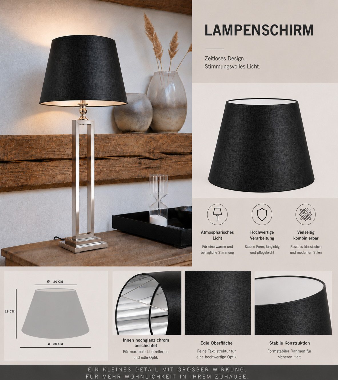 AMBIENTE-LEBENSART.DE Lampenschirm Satin schwarz rund konische Form Edel Ø 30cm innen Chrom