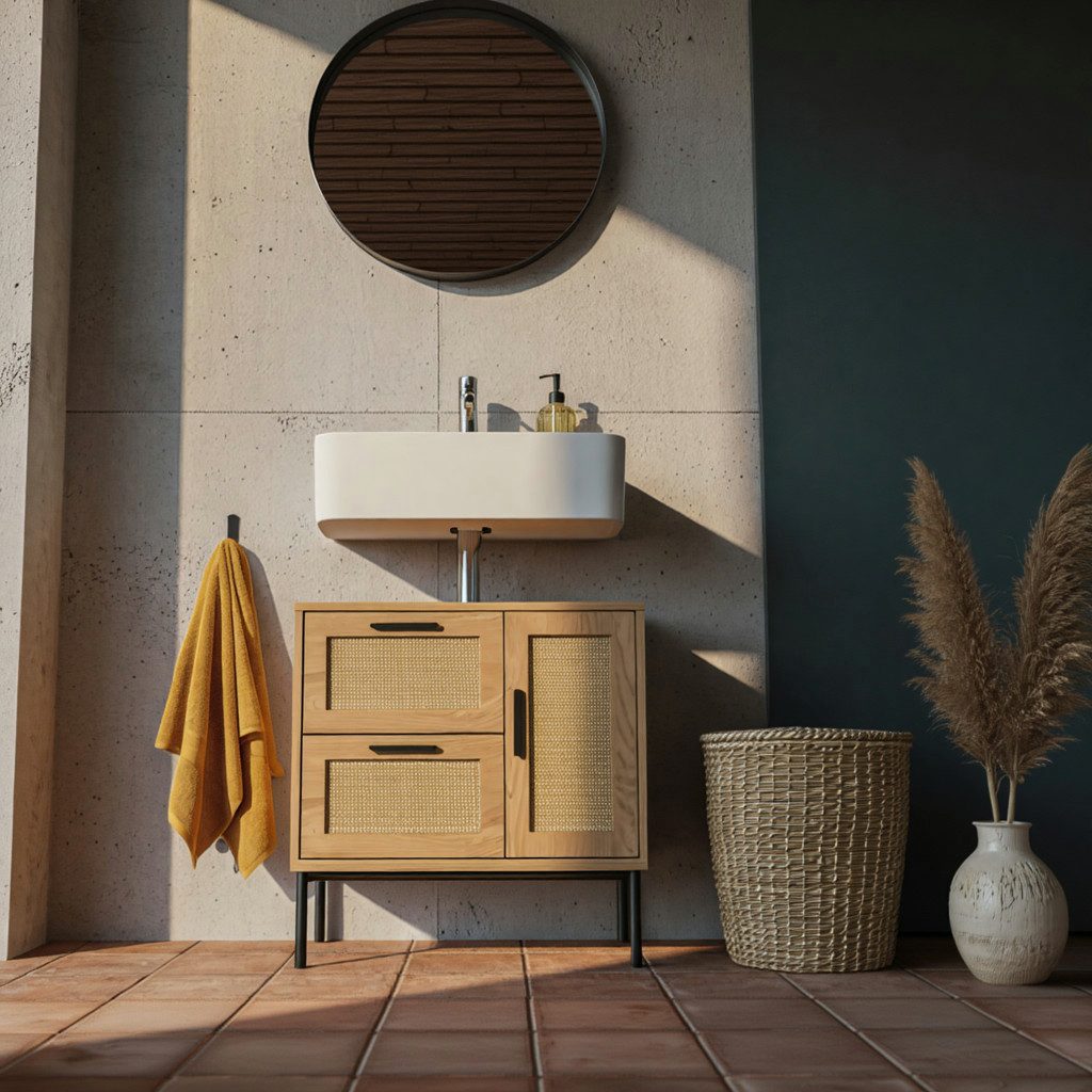 KADIMA DESIGN Waschbeckenunterschrank Waschbeckenunterschrank Eiche-Optik 60x60x40 cm mit Tür und (Stehend, Badschrank Midischrank Klein Waschtisch) Schubladen, Badezimmerschrank mit Rattangeflecht, Unterschrank