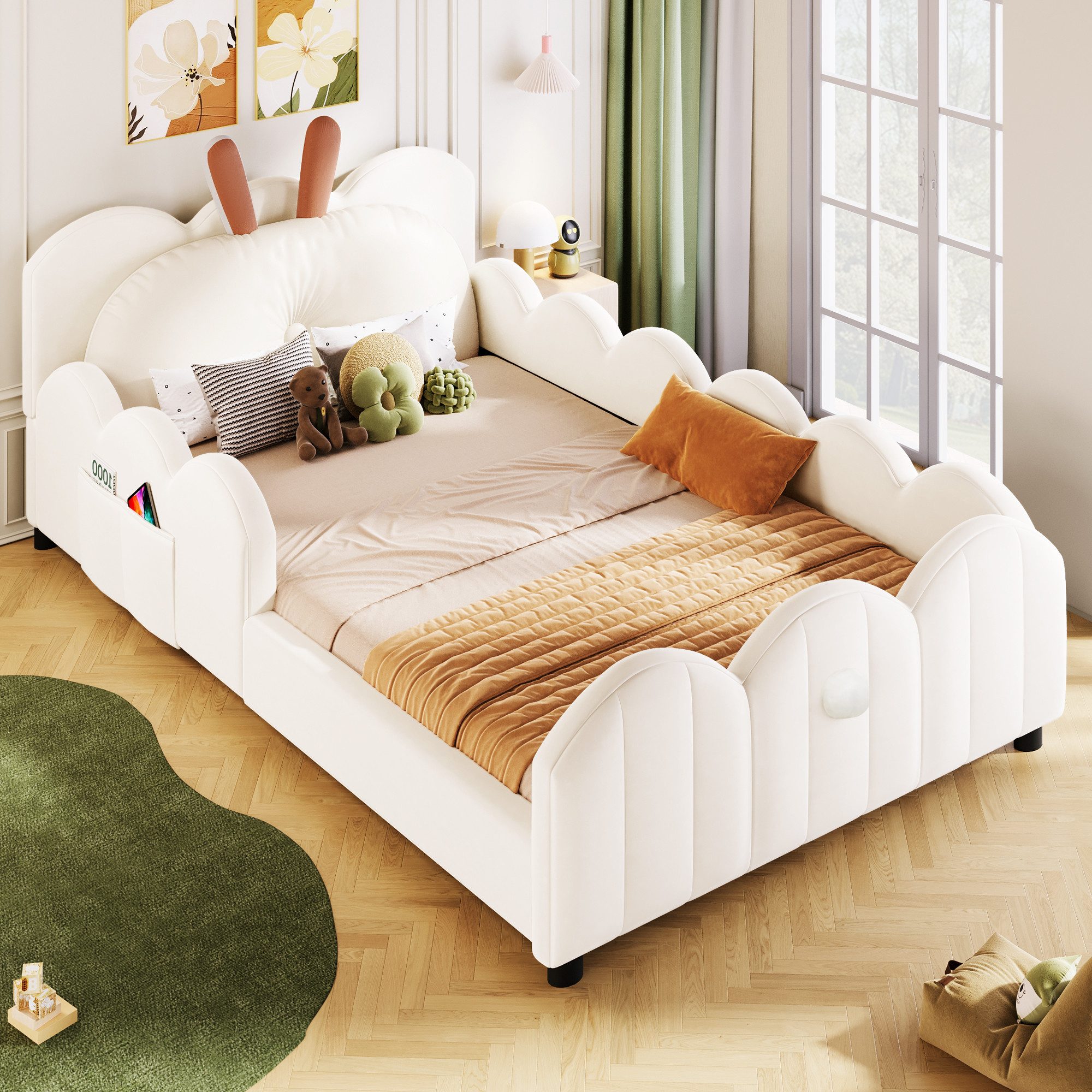 Flieks Polsterbett, Kinderbett Bodenbett 90x200cm mit Kissen in Kaninchenform