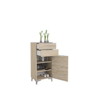 möbelando Schuhschrank 24032468 (BxHxT: 50x109x38 cm) in Eiche natur - Weißglas mit 2 Schubladen und einer Tür