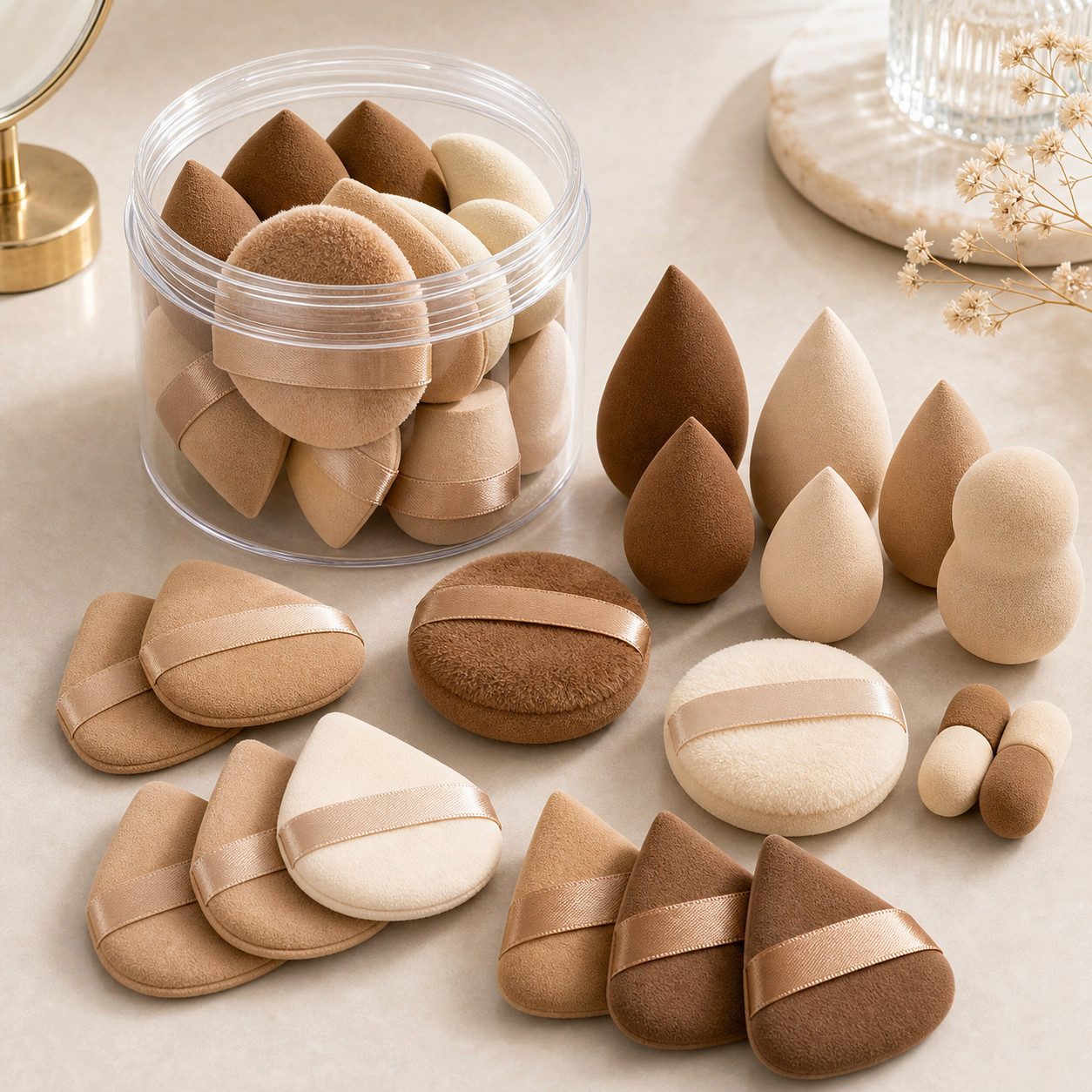 H-basics Make-up Schwamm Set 15-teilig mit Puderquasten in Braun-Creme