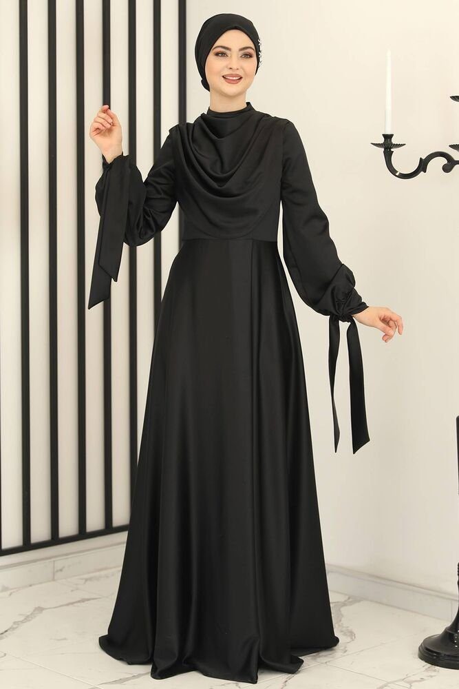 Modavitrini Satinkleid Damen Abendkleid Hijab Kleid Abiye Abaya Modest Fashion Schwarz