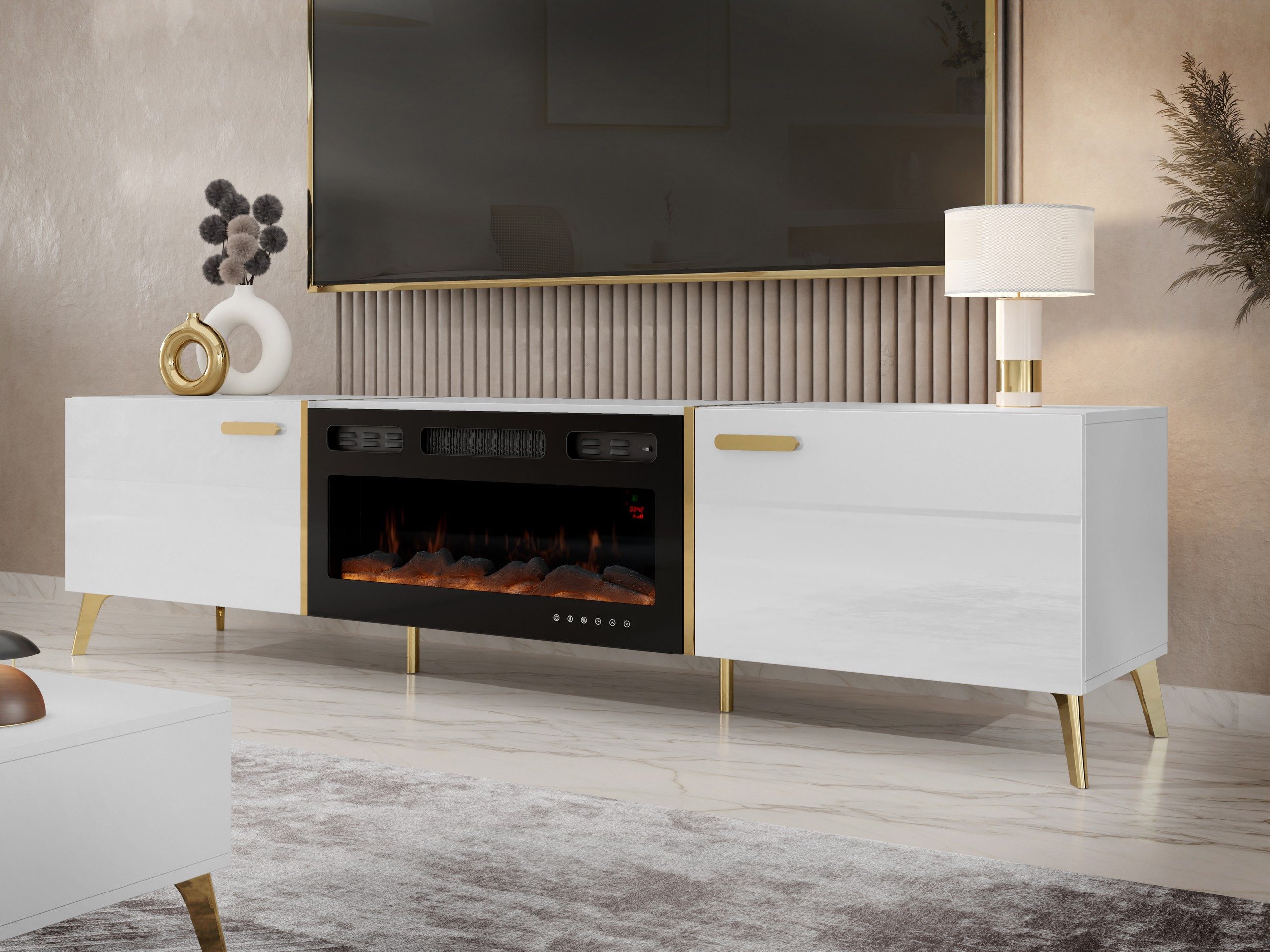 MIRJAN24 TV-Schrank Picru 2D EF mit Kamin (mit zwei Klappen) Realistische LED-Flamme, 214x38x50 cm