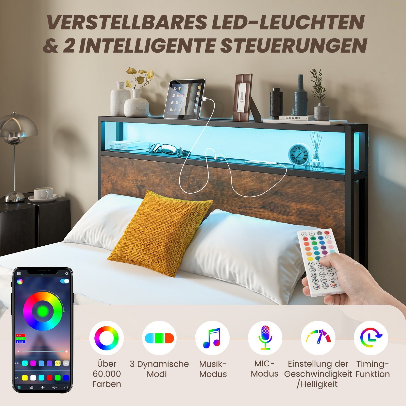 COSTWAY Bettgestell, mit LED Beleuchtung, Ladestation & 4 Schubladen. 140x2 günstig online kaufen