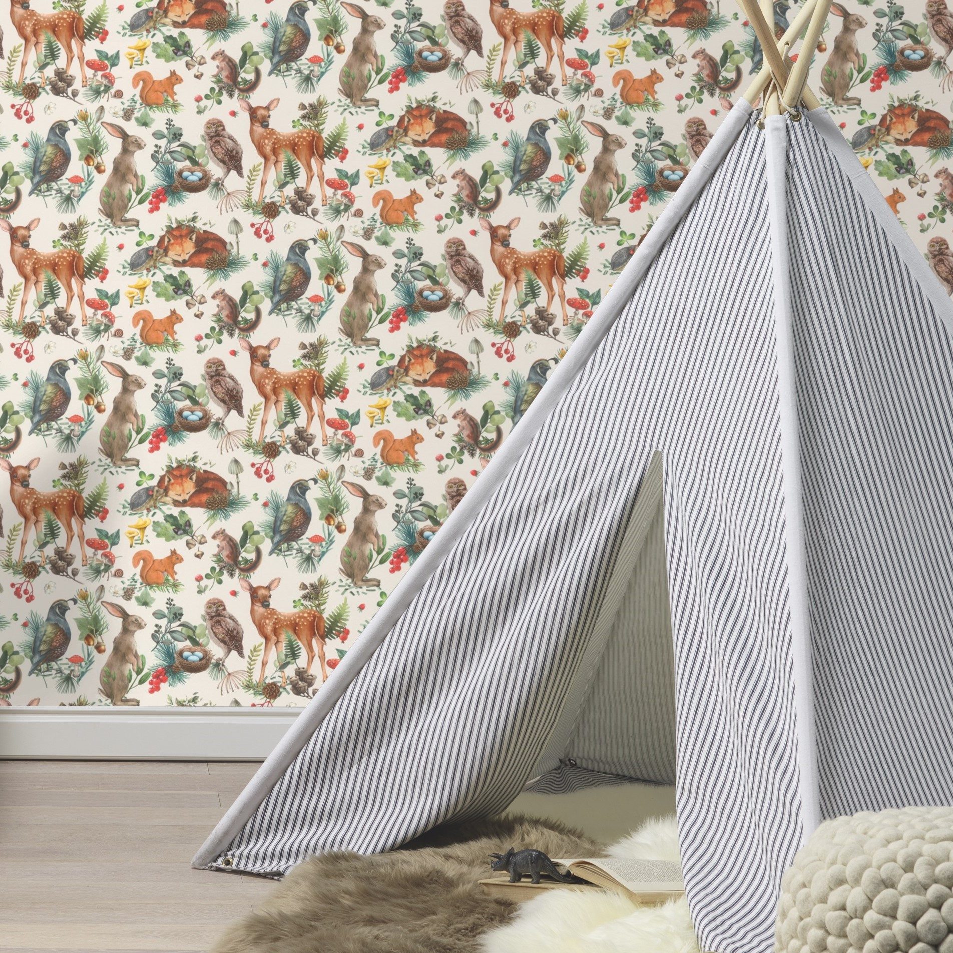 Rasch Vliestapete Rasch Kids World, Tiere im Wald, beige grün 300321