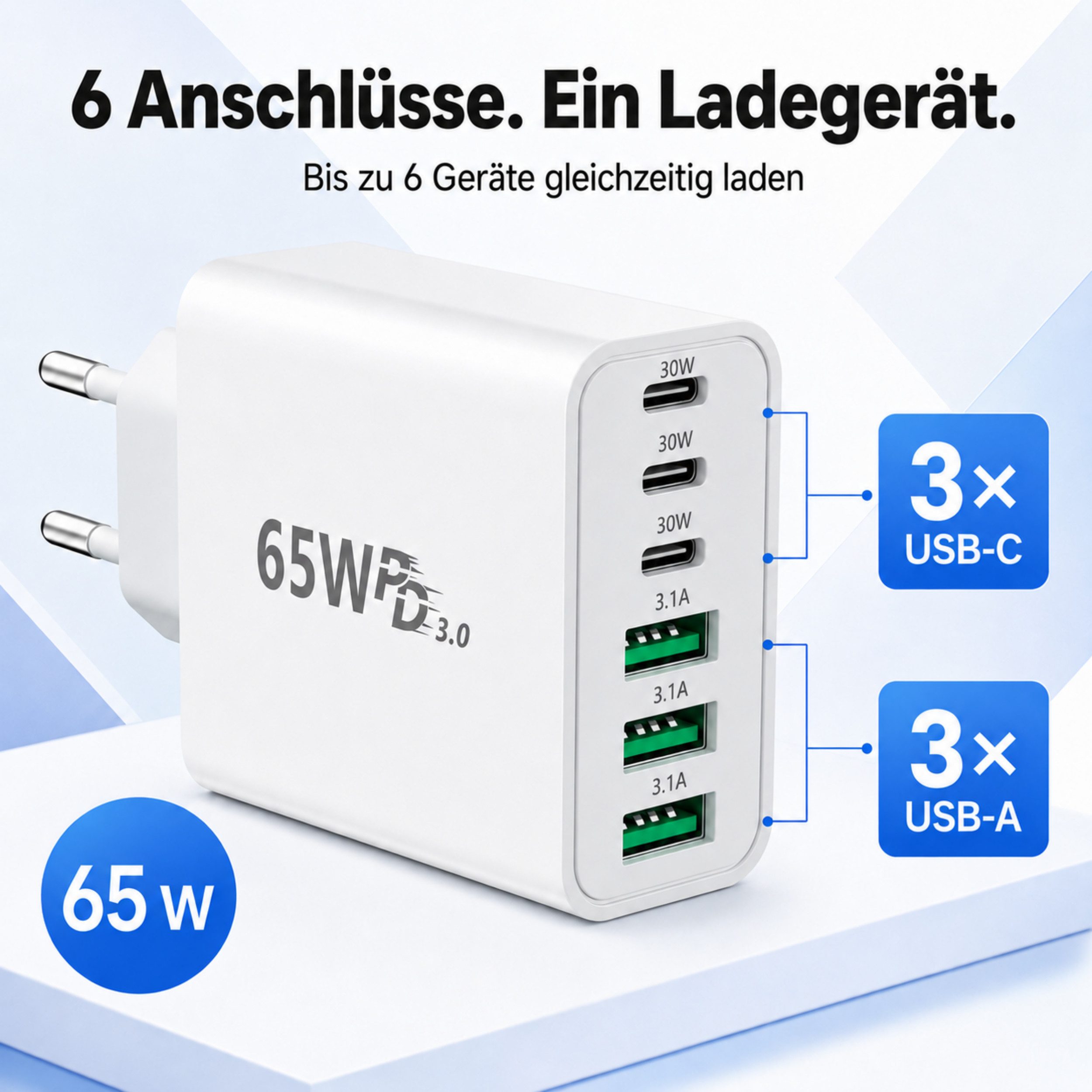 PlugUp 65W Ladegerät 6-Port 30W Schnellladeadapter mit USB-C Ladekabel USB-Ladegerät (3100 mA, Set, Inkl. USB-C Ladekabel, Universelles Schnellladegerät mit USB – Bild 2 von 5
