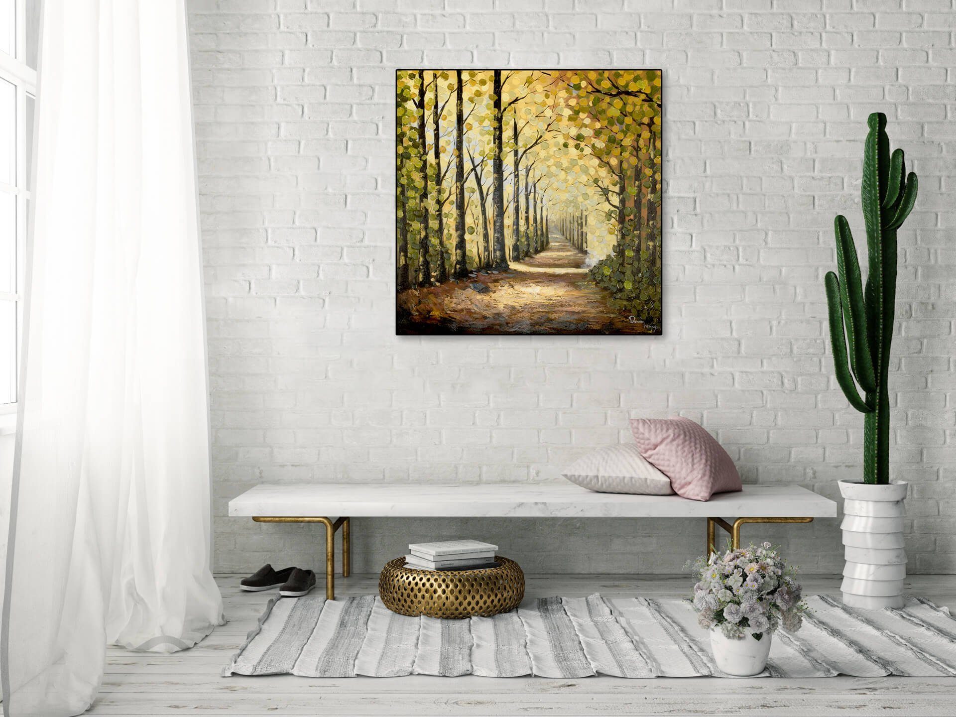 100% Leinwandbild Wege Gemälde Wandbild cm, Wohnzimmer HANDGEMALT KUNSTLOFT 80x80 des Waldes