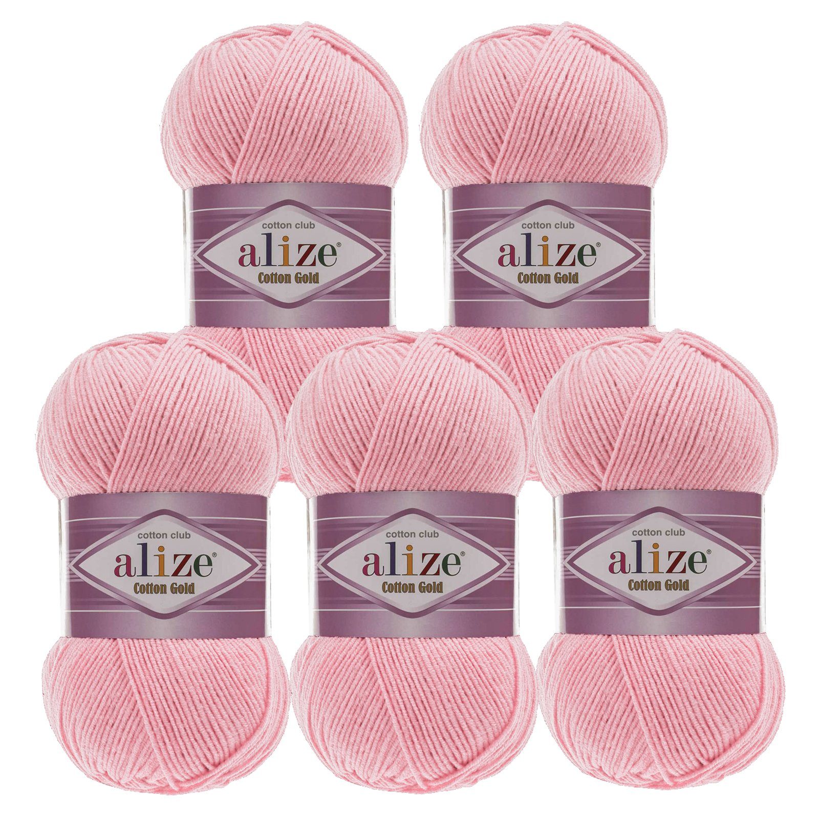 Alize 5 x 100g Strickgarn Alize Cotton Gold Uni Klassikgarn Häkelgarn Häkelwolle, 1650 m, 518 flamingorosa