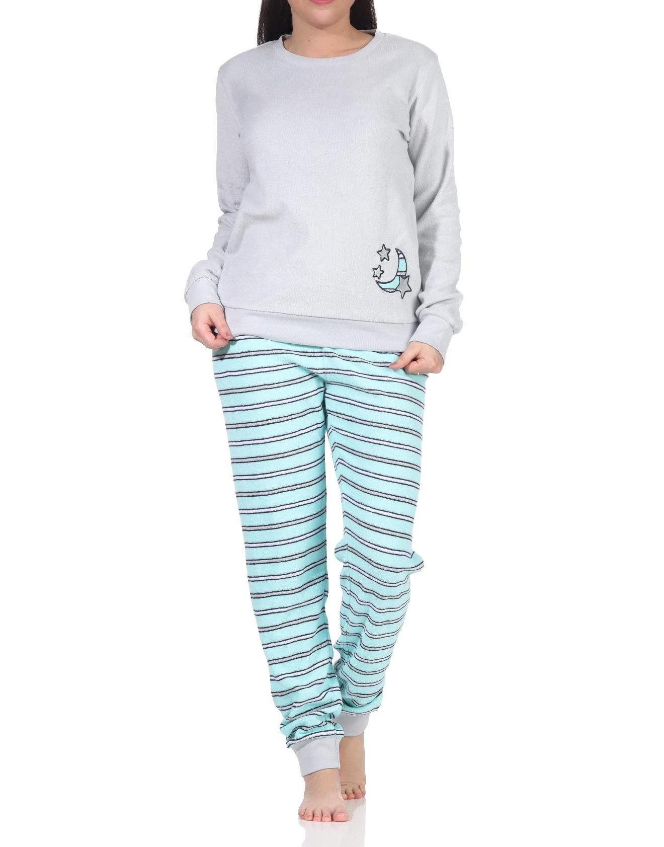 RELAX by Normann Pyjama Damen Frottee Schlafanzug mit Bündchen und mit Mond Applikation