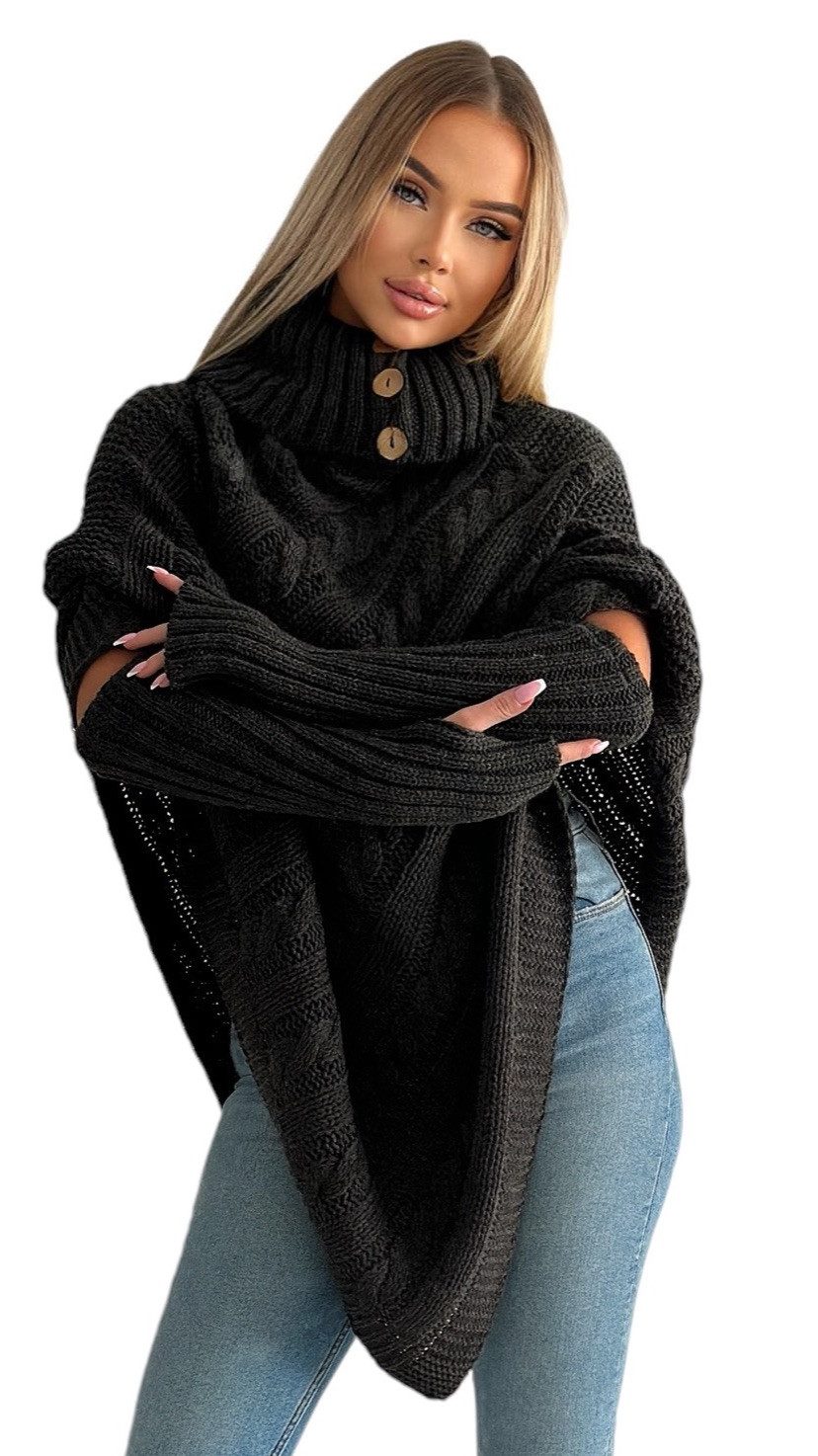 Mississhop Strickponcho Poncho Strick Sweatshirt Pullover Umhang Überwurf mit Stulpen 3012