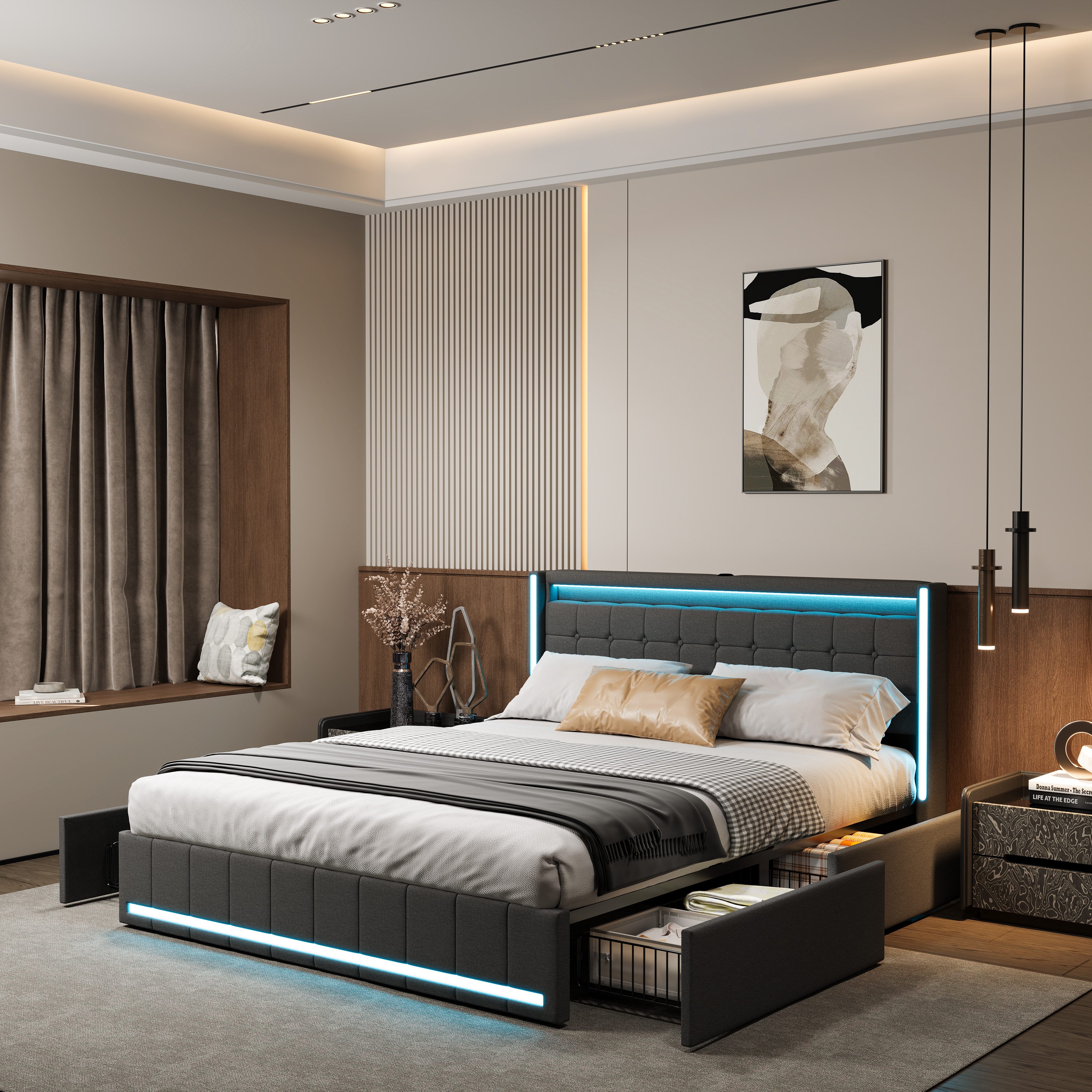 PXloue Polsterbett Design Bett Stauraumbett Doppelbett Leinen mit LED Licht günstig online kaufen