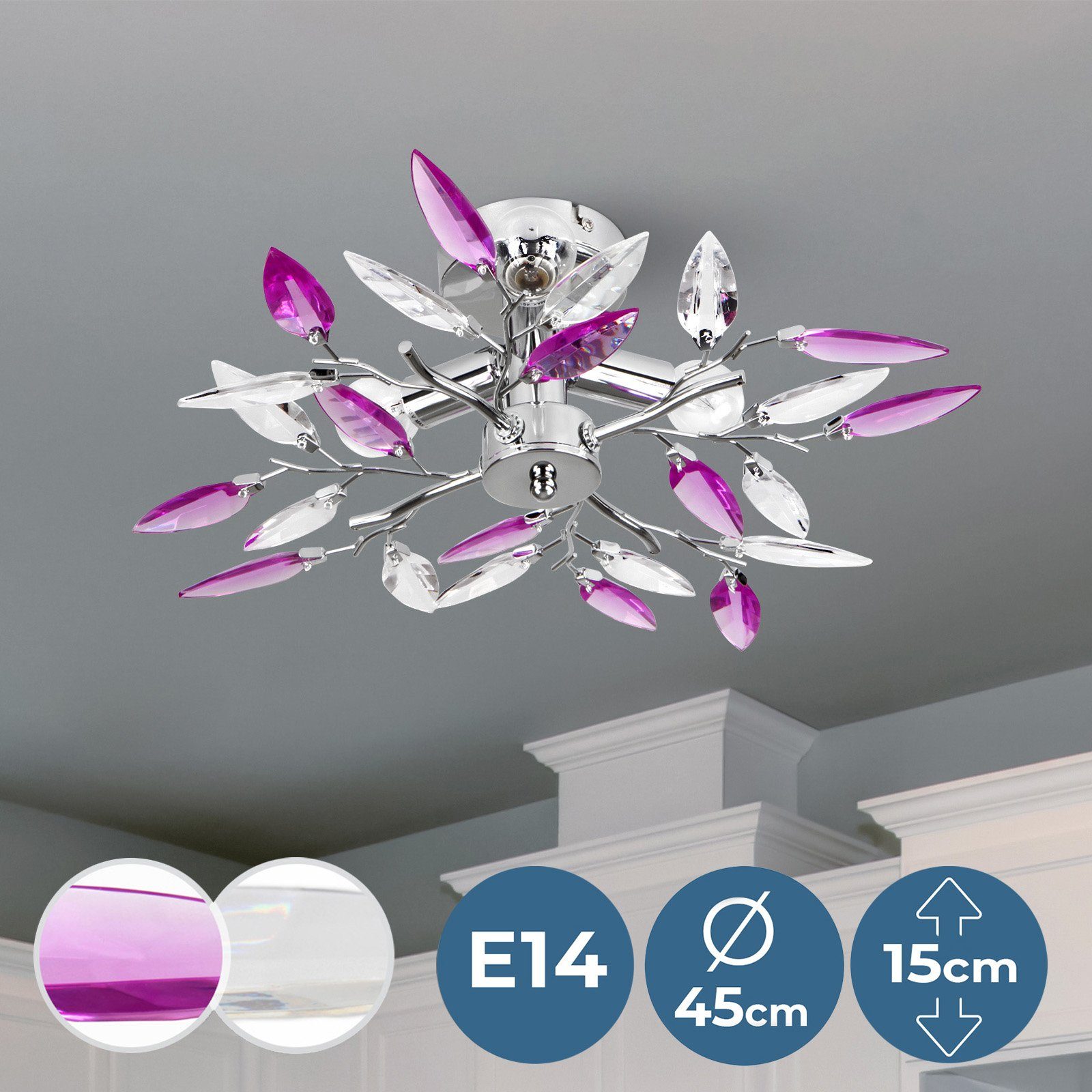 mit Blätter Chrom, - Deckenleuchte Jago LED, Farbwahl Ø45cm, 3xE14, Deckenleuchte Lila Design