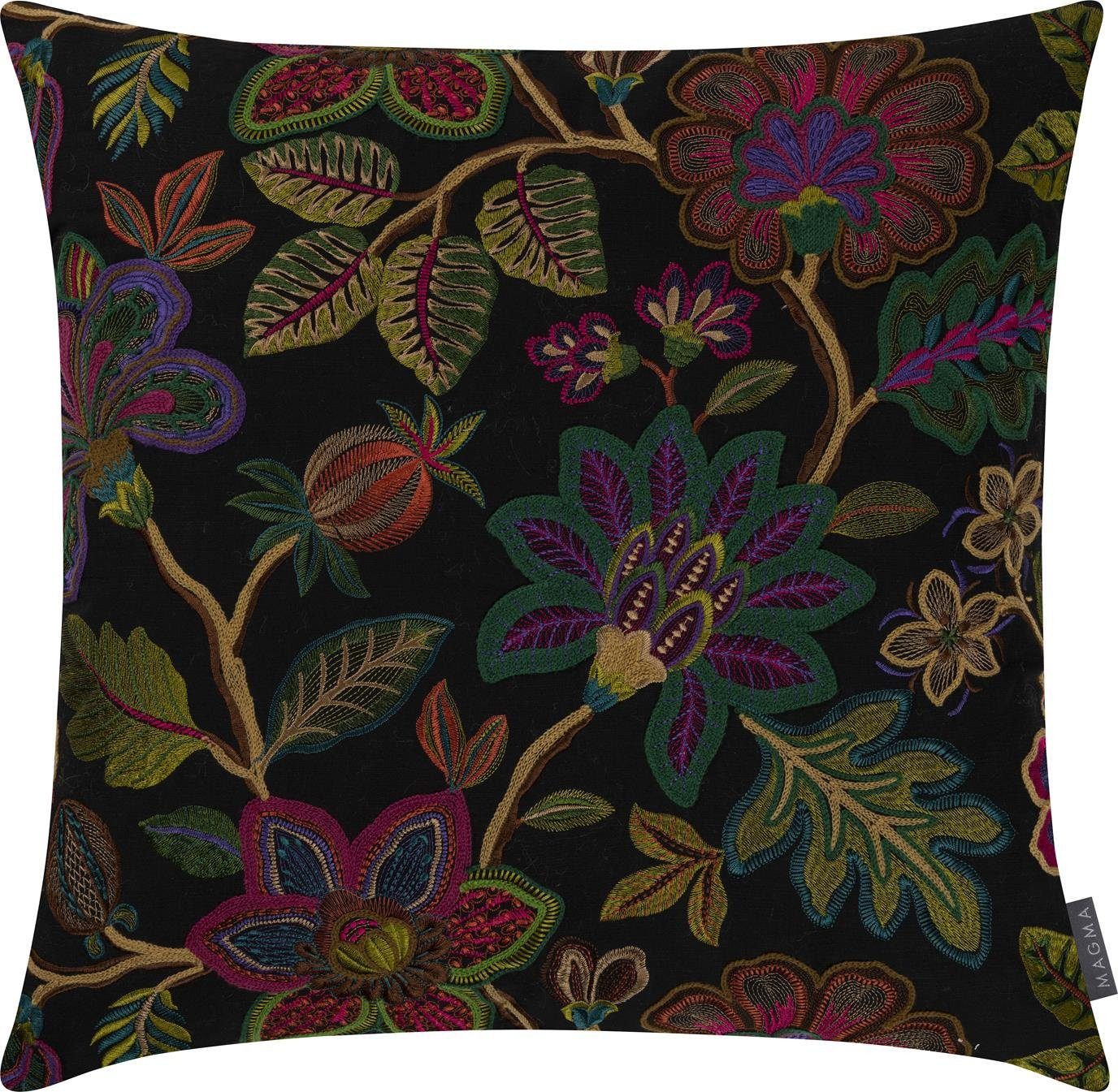 Magma Heimtex Kissenhülle Violeta Stickerei Pflanzen Blätter Blüten Schwarz ca. 60x60cm, (1 Stück), Rückseite samtig weich einfarbig schwarz