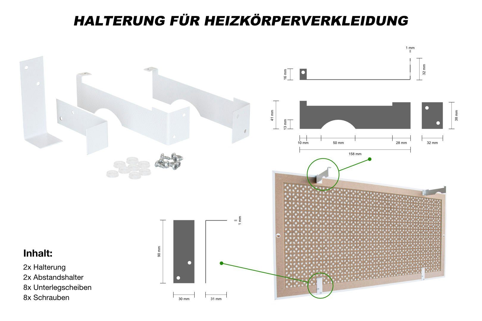 Hexim Heizungsverkleidung, Zubehör für Abdeckung aus MDF & HDF - Dekorative Heizkörperverkleidungen in unterschiedlichen Größen & Muster - Heizungsabdeckung Lüftungsgitter (Halterung der Verkleidung)