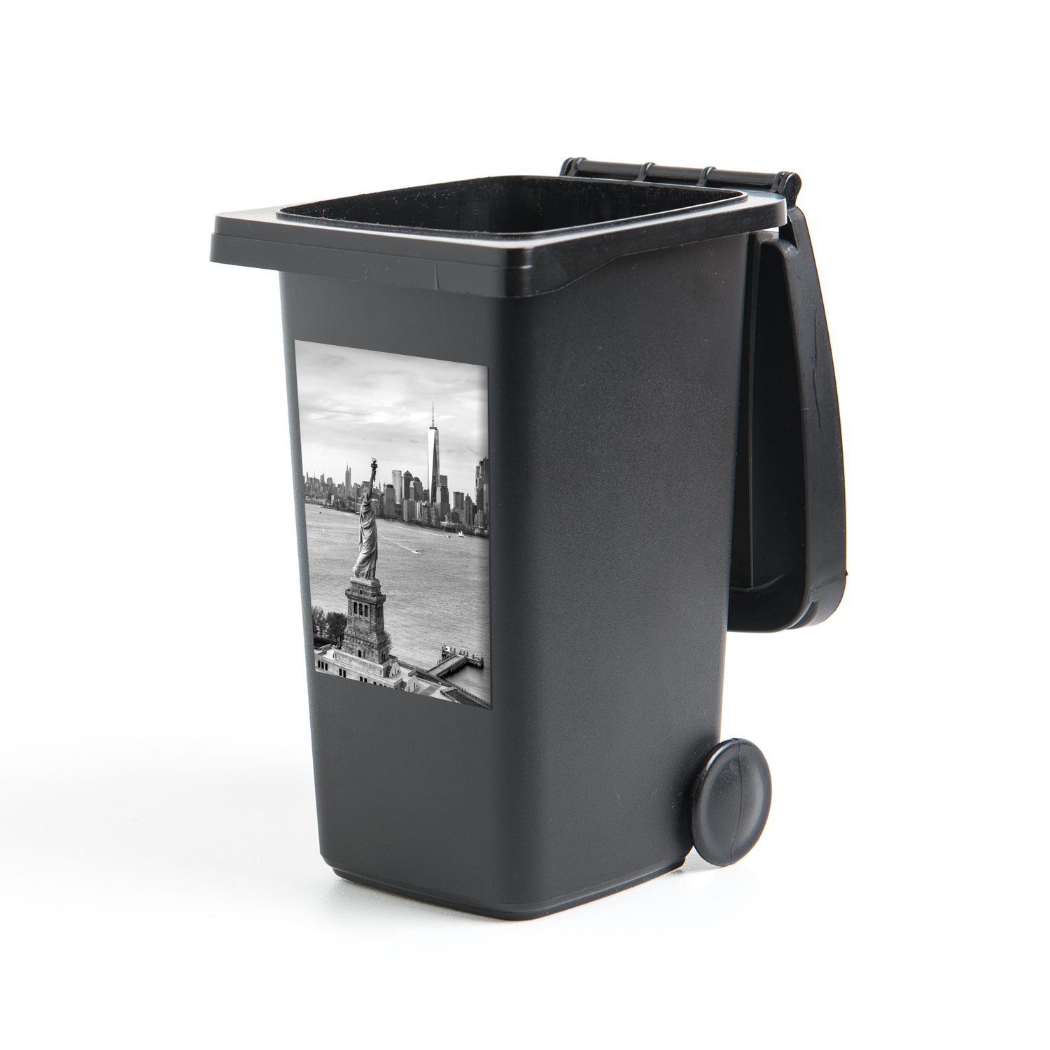 MuchoWow Wandsticker Freiheitsstatue mit der Skyline von New York - schwarz und weiß (1 St), Mülleimer-aufkleber, Mülltonne, Sticker, Container, Abfalbehälter