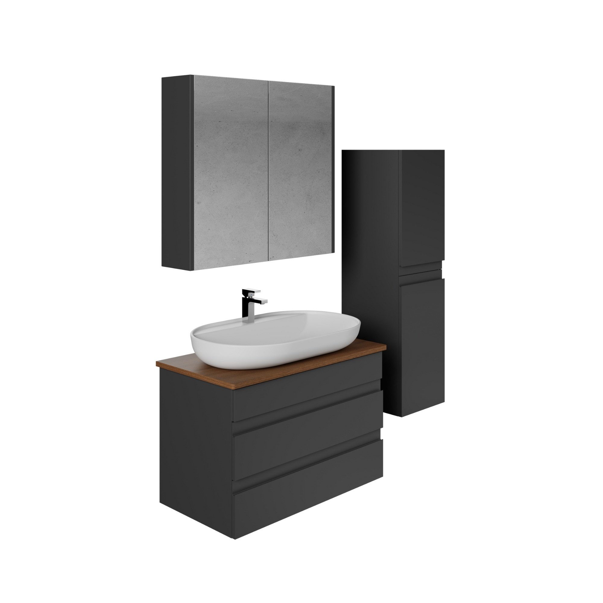 Karen Badmöbel-Set Badmöbel Set Lara Konsole, (Komplett-Set, Standartmäßig 4-Teilig (Unterschrank, Konsole, Waschbecken, Spiegelschrank), 4-St., Unterschrank mit Türen, Spiegelschrank mit Türen & Regalen), Minimalistisches Design, Matt-Beschichtung, Softclose, Griffleisten