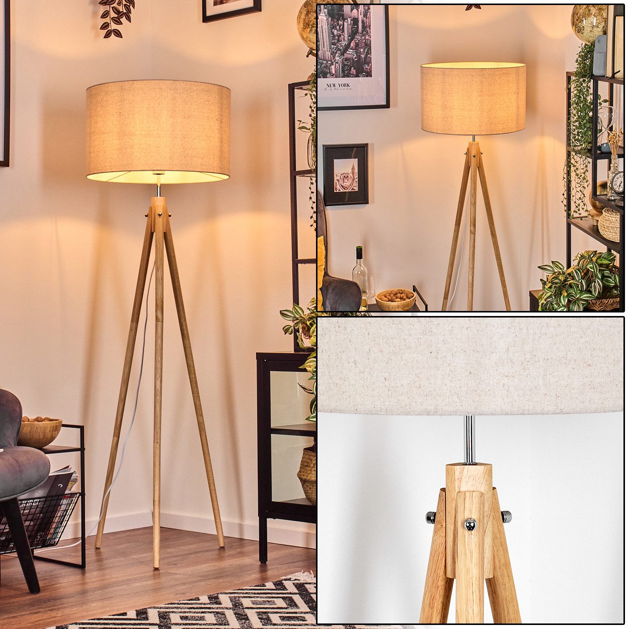 hofstein Stehlampe Stehlampe aus Holz/Stoff in Naturfarben/Beige/Weiß, ohne Leuchtmittel, skandinavische Design Leuchte, Schirm (50 cm) u. Fußschalter, 1 xE27