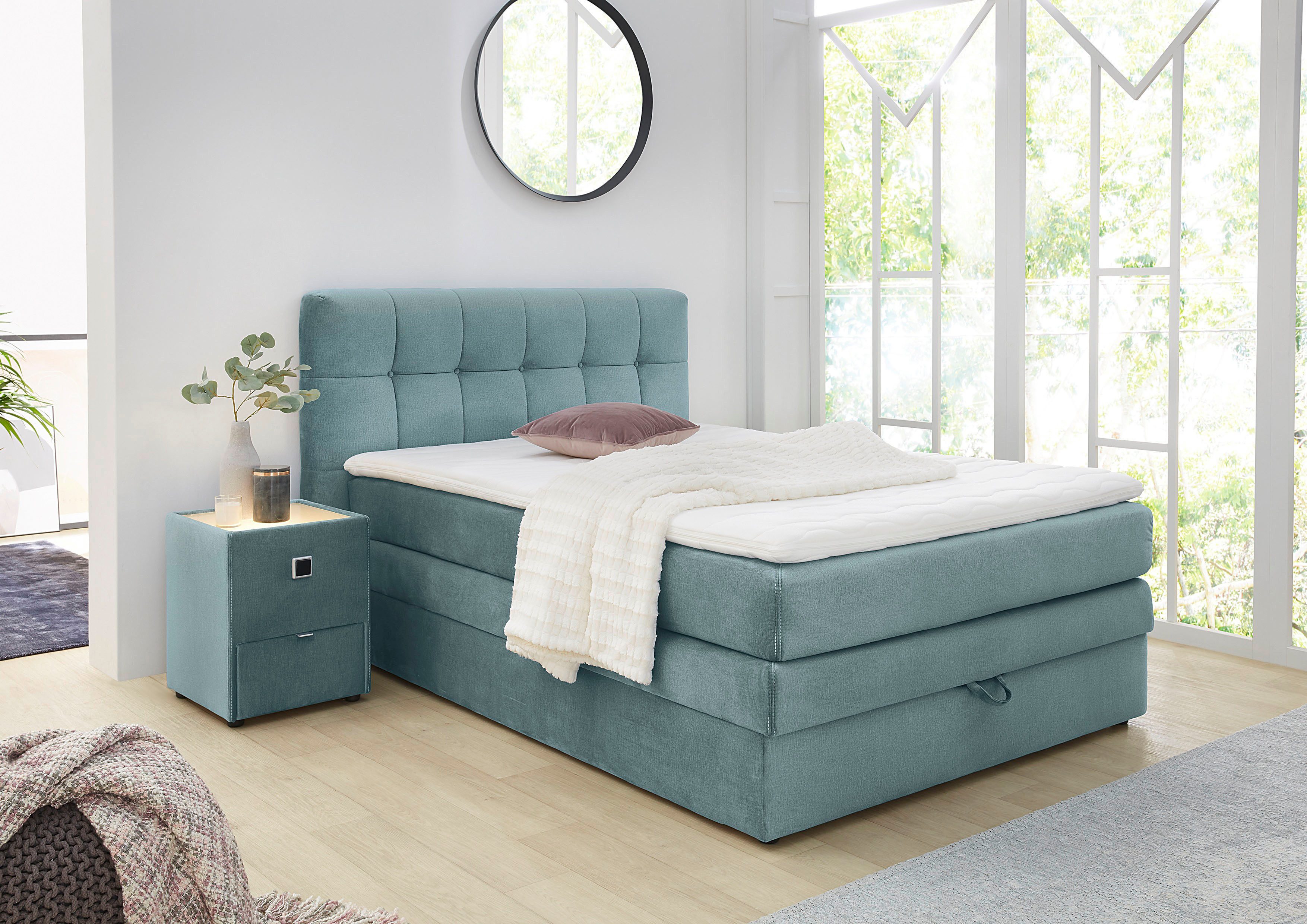 Jockenhöfer Gruppe Boxspringbett AMY in Samt, erhältlich in den Breiten 120cm & 140cm, mit Bettkasten und Topper