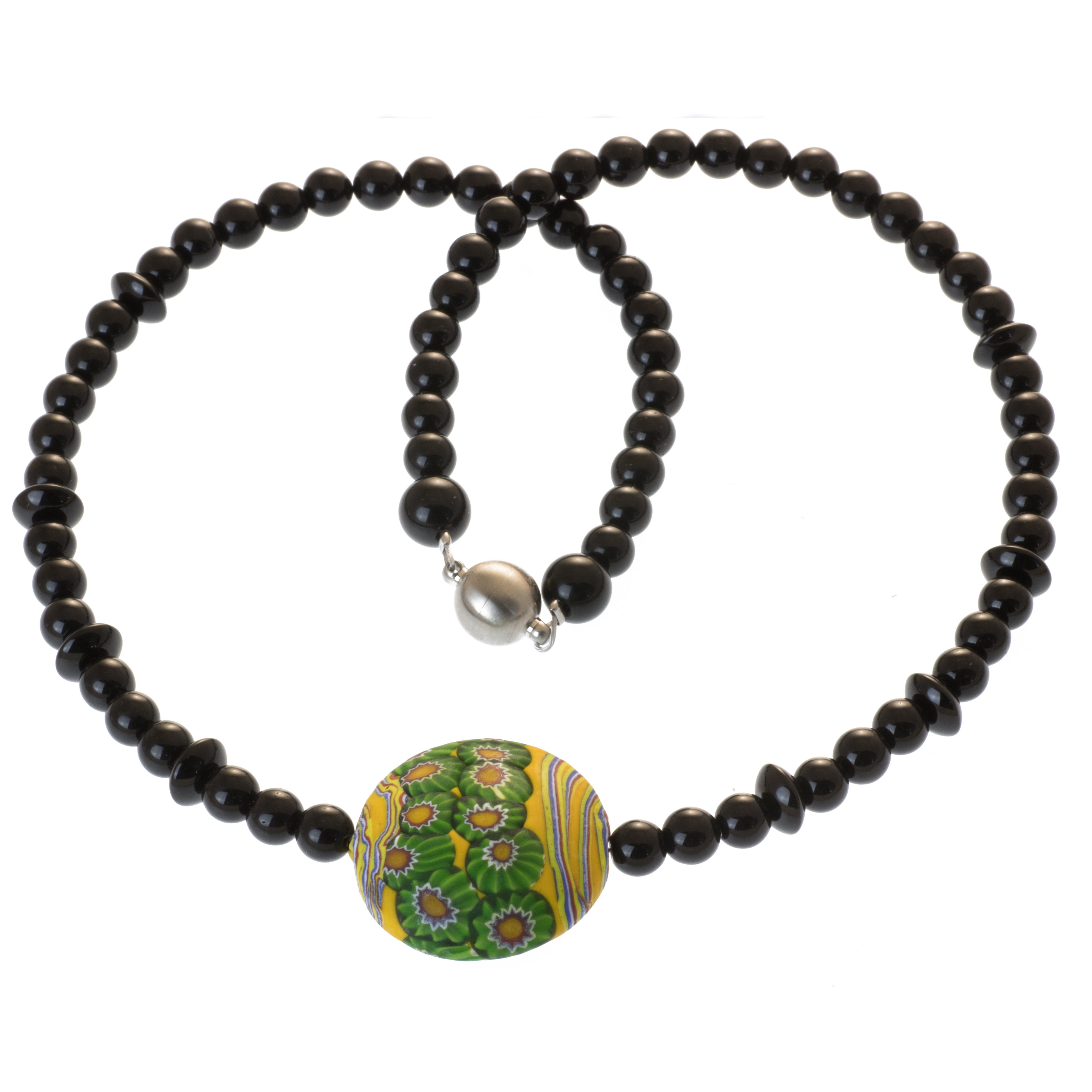 Perlenkette Kette mit Murano Glas Mosaik Perle und Achat, Magnetverschluss
