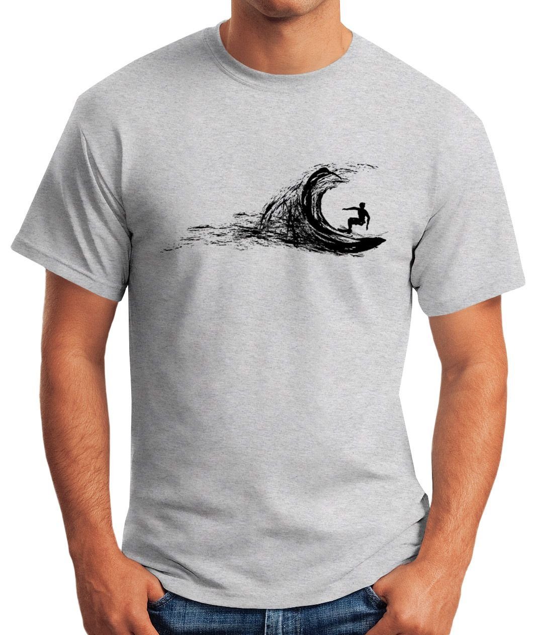 Neverless Print-Shirt Herren T-Shirt Wellenreiten Urlaub Silhouette Surfboard mit Neverless® grau Meer Welle Fit Surfer Slim Boy surfen Print Wave surfing Ozean Surfer