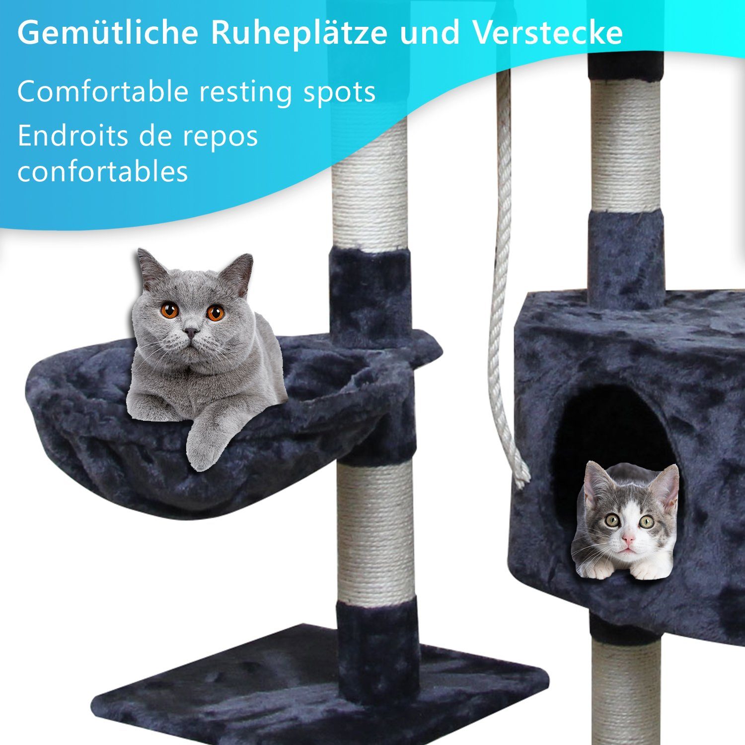 NYVI Kratzbaum Katzen Kratzbaum Piacenza 141 cm groß Dunkelblau - Deluxe Katzenbaum, Kletterbaum für Katzen - Katzenkratzbaum