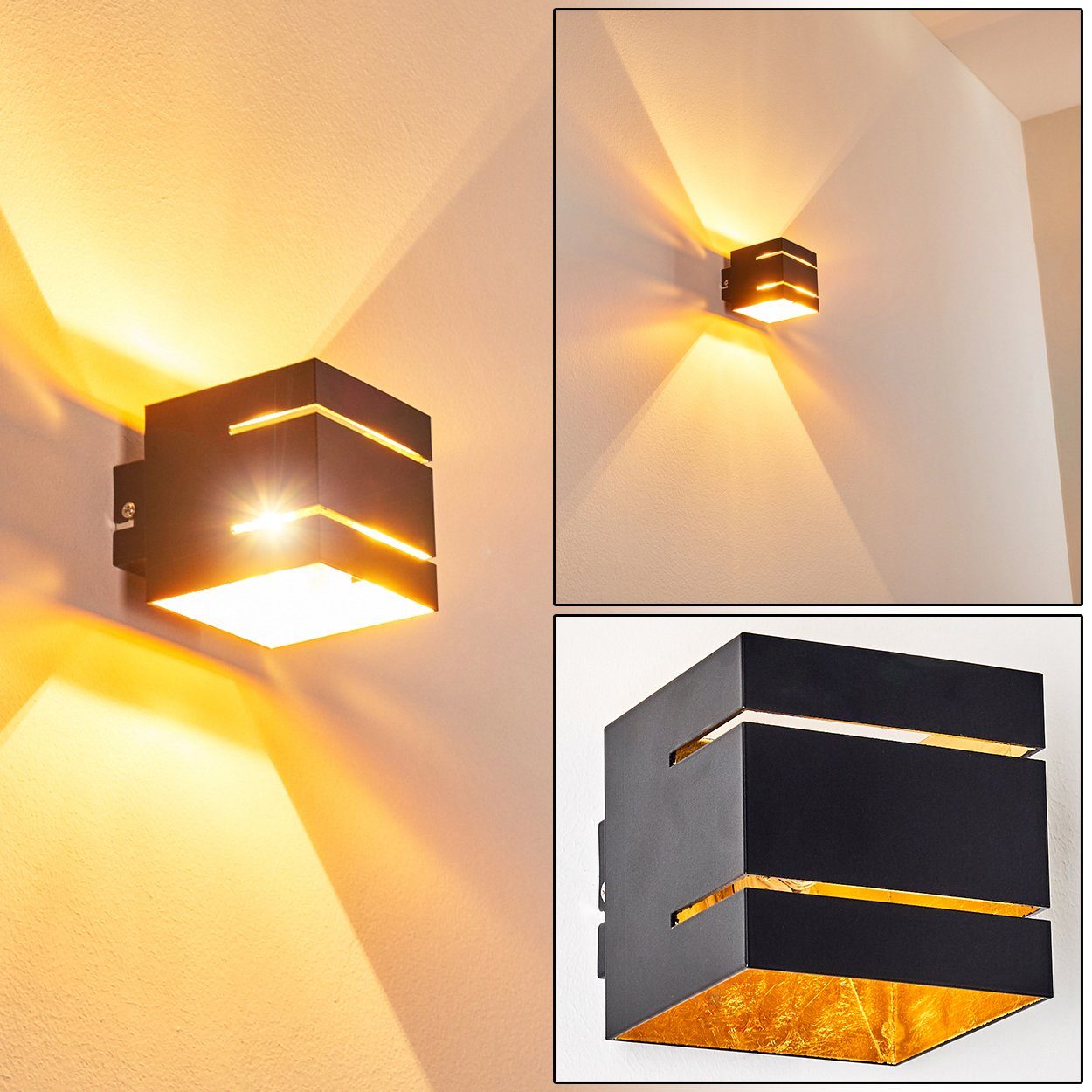 moderne Wandleuchte Leuchtmittel, Up »Riccio« mit Schlitzen, 1xG9, mit Metall mit Schwarz/Gold Lichteffekt, Cube/Innen hofstein & ohne Wandlampe aus in Down-Effekt