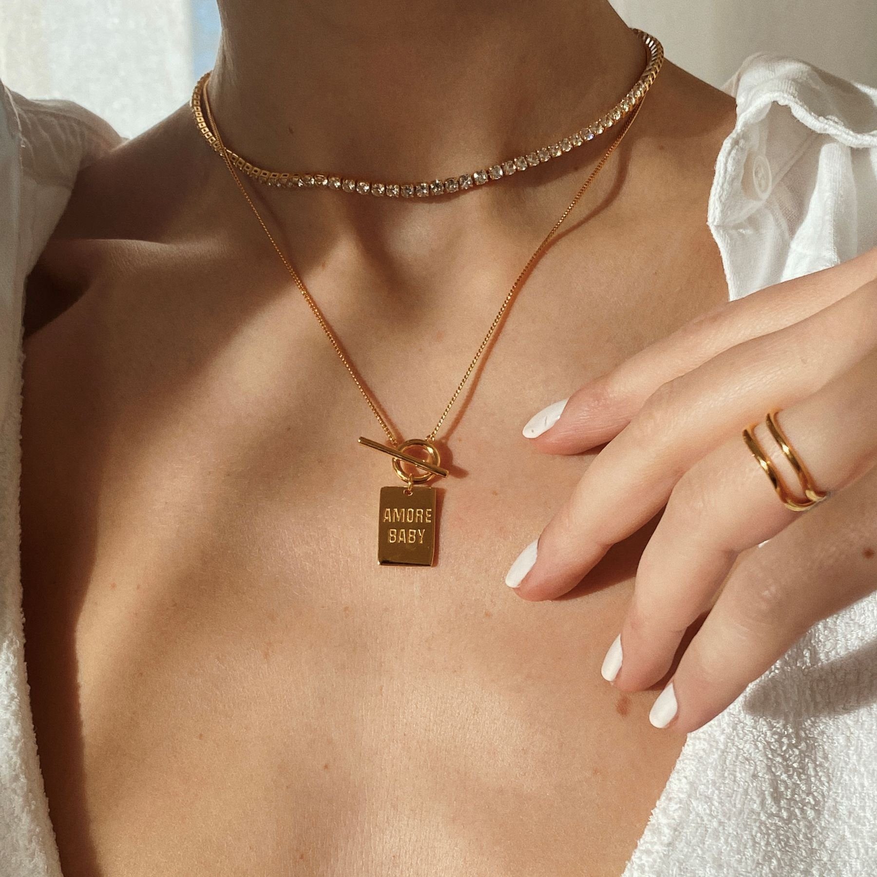 Brandlinger Choker Halskette St. Moritz, Tenniskette eng anliegend, mit weißen Steinen, vergoldet