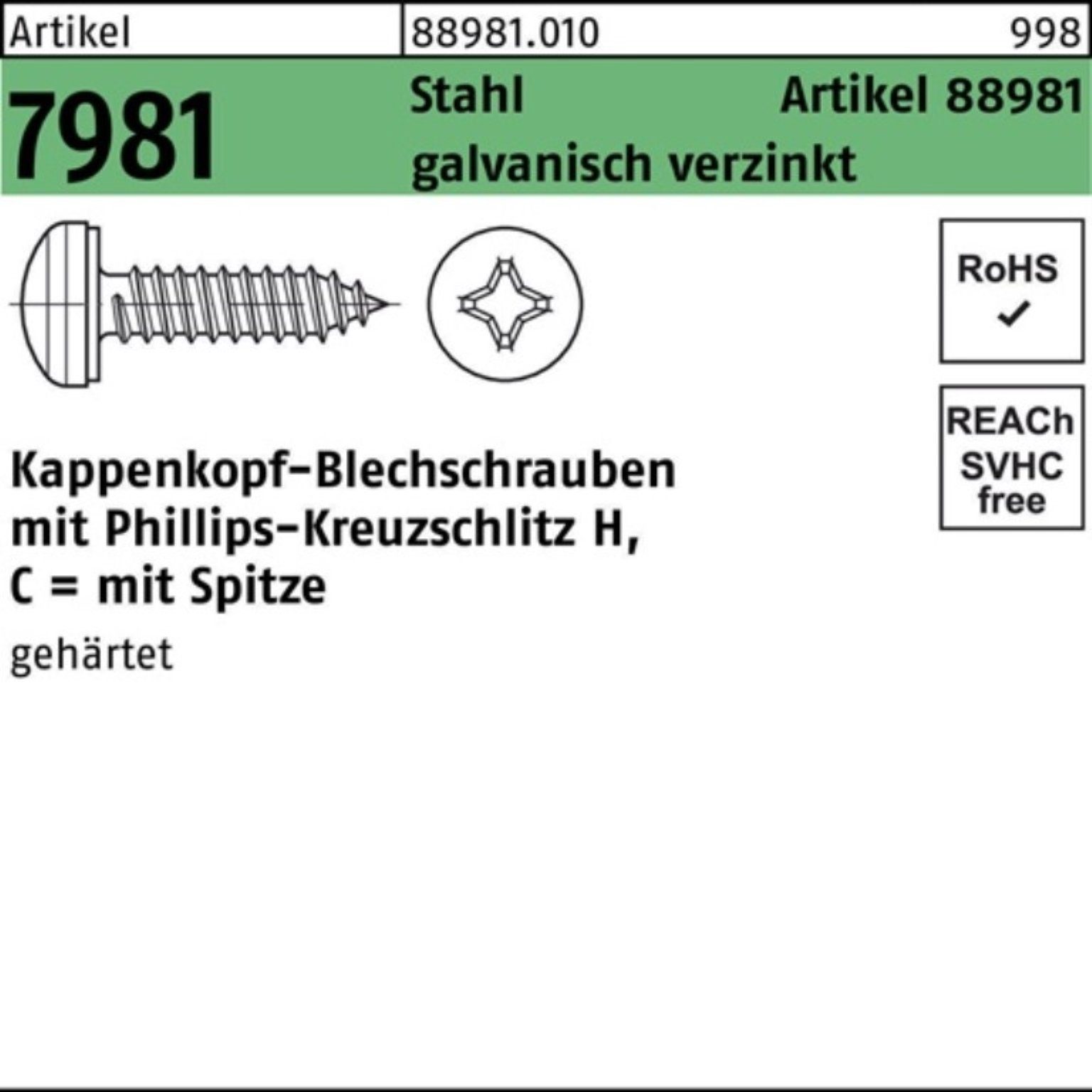 Kappenkopfblechschraube Reyher 88981 Stahl Blechschraube 3,9x19-H PH 1000er galv.ver R Pack