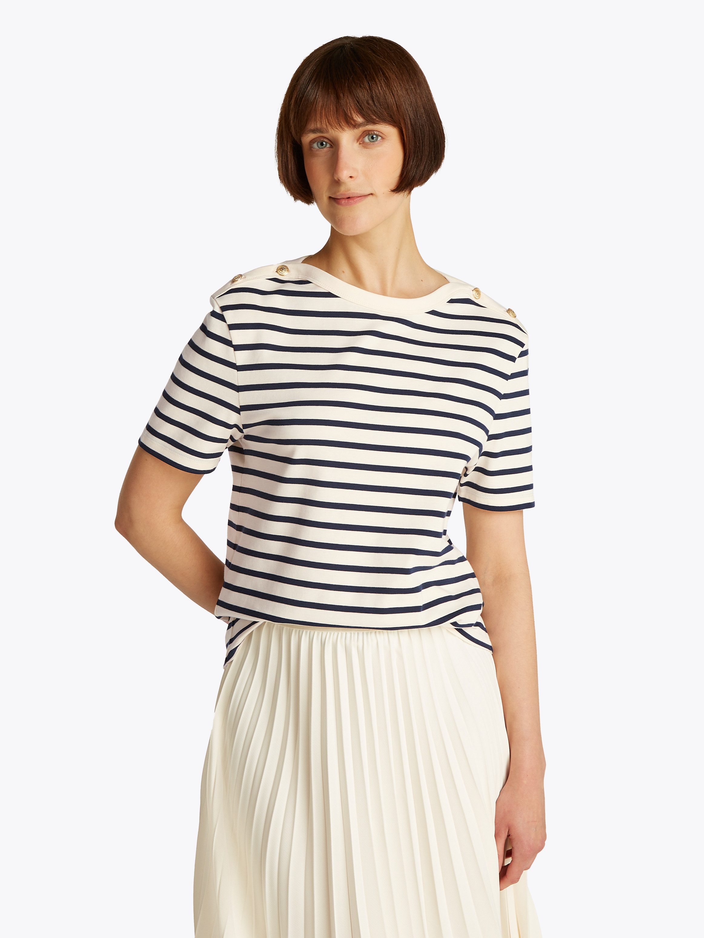Rundhalsshirt REG STRIPE GOLD BTN C-NK SS