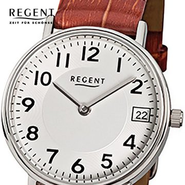 Regent Quarzuhr Regent Damen-Armbanduhr braun Analog F-329, Damen Armbanduhr rund, klein (ca. 28mm), Lederarmband