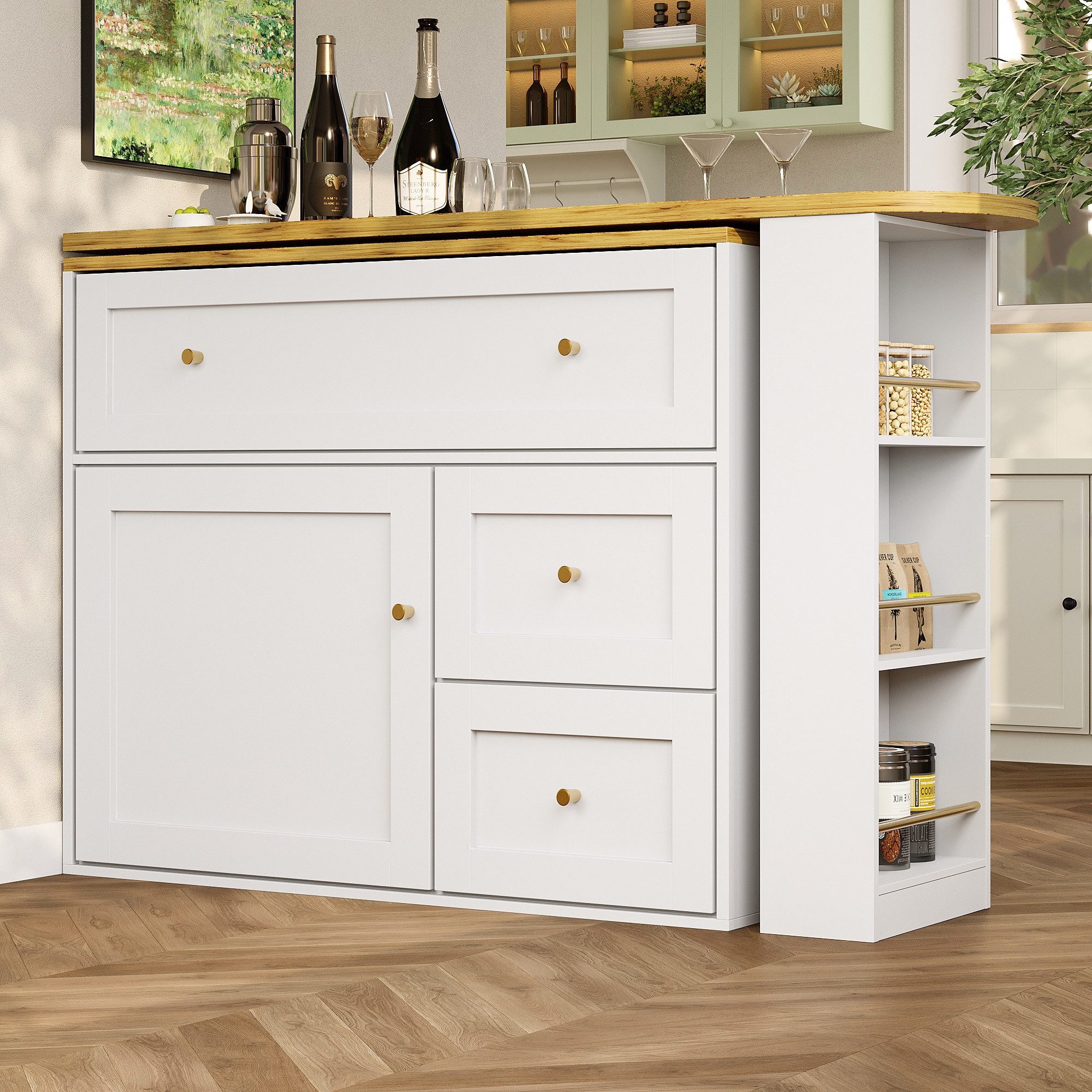 IDEASY Bartisch Teleskopisch verstellbarer Bartisch mit Snackablage, Stauraum, Stehtisch Kücheninsel, Küchenschrank Sideboard, 138-204x39x105 cm