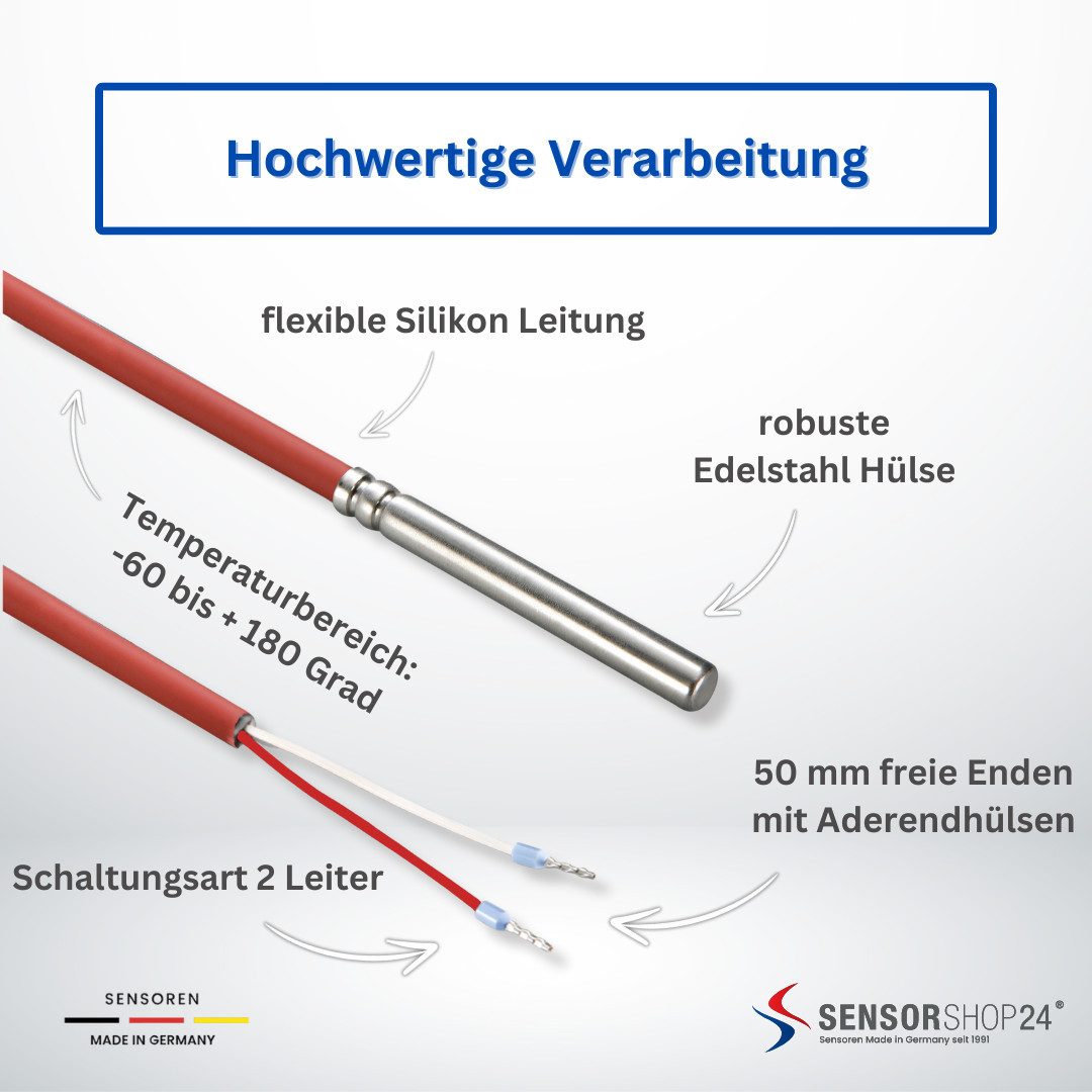 Sensorshop24 Sensor Kabelfühler mit Silikon Leitung 6 mm x 50 mm