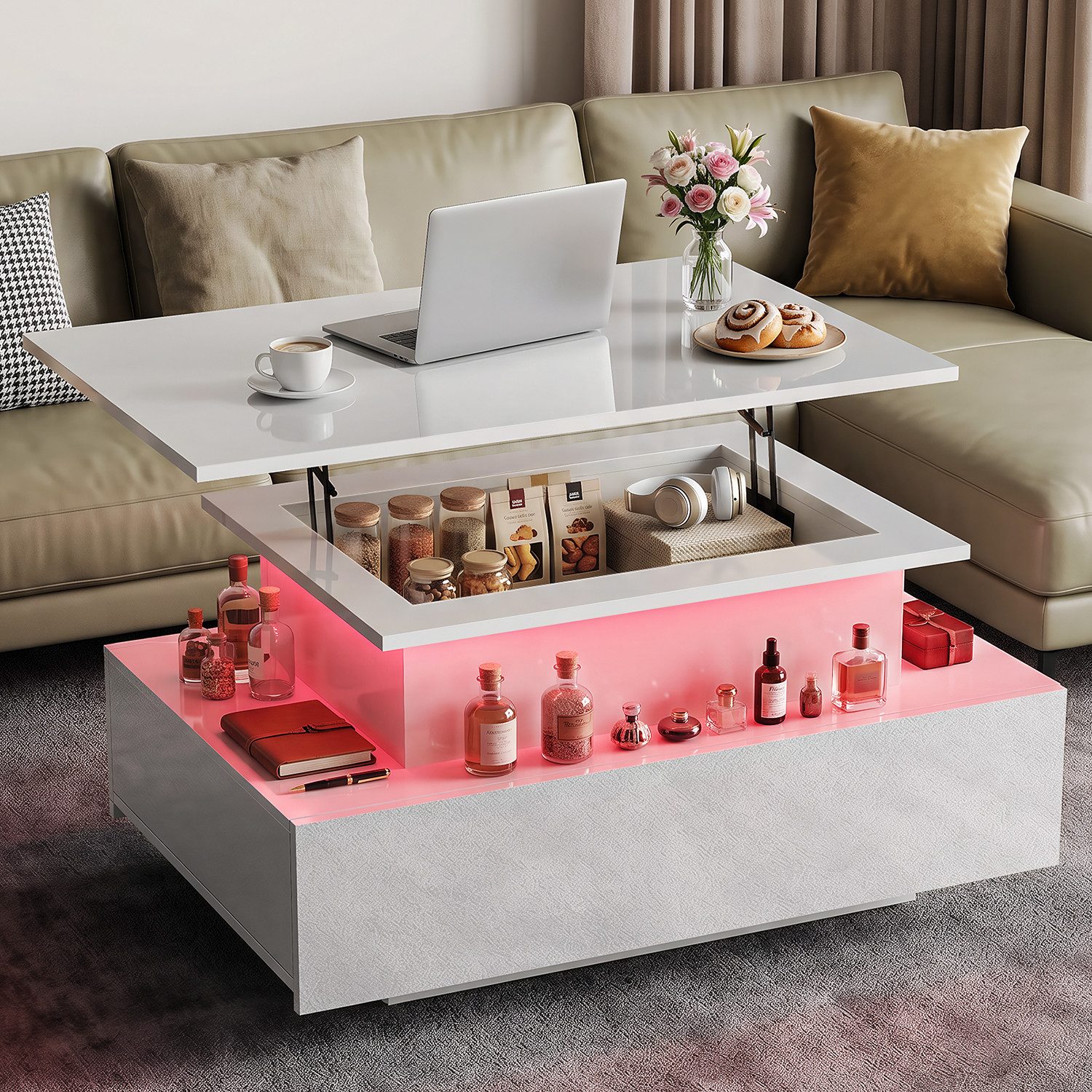 oyajia Couchtisch Hochglanz Wohnzimmertisch Mit LED Beleuchtung, Höhenverstellbarer (Bluetooth-Fernbedienung.App-Steuerung, offenen Fächern,stabil, pflegeleicht, Hochglanz-Design, 85 x 55 x 42-59.5cm Beistelltisch), mit 2 Schubladen und Stauraum