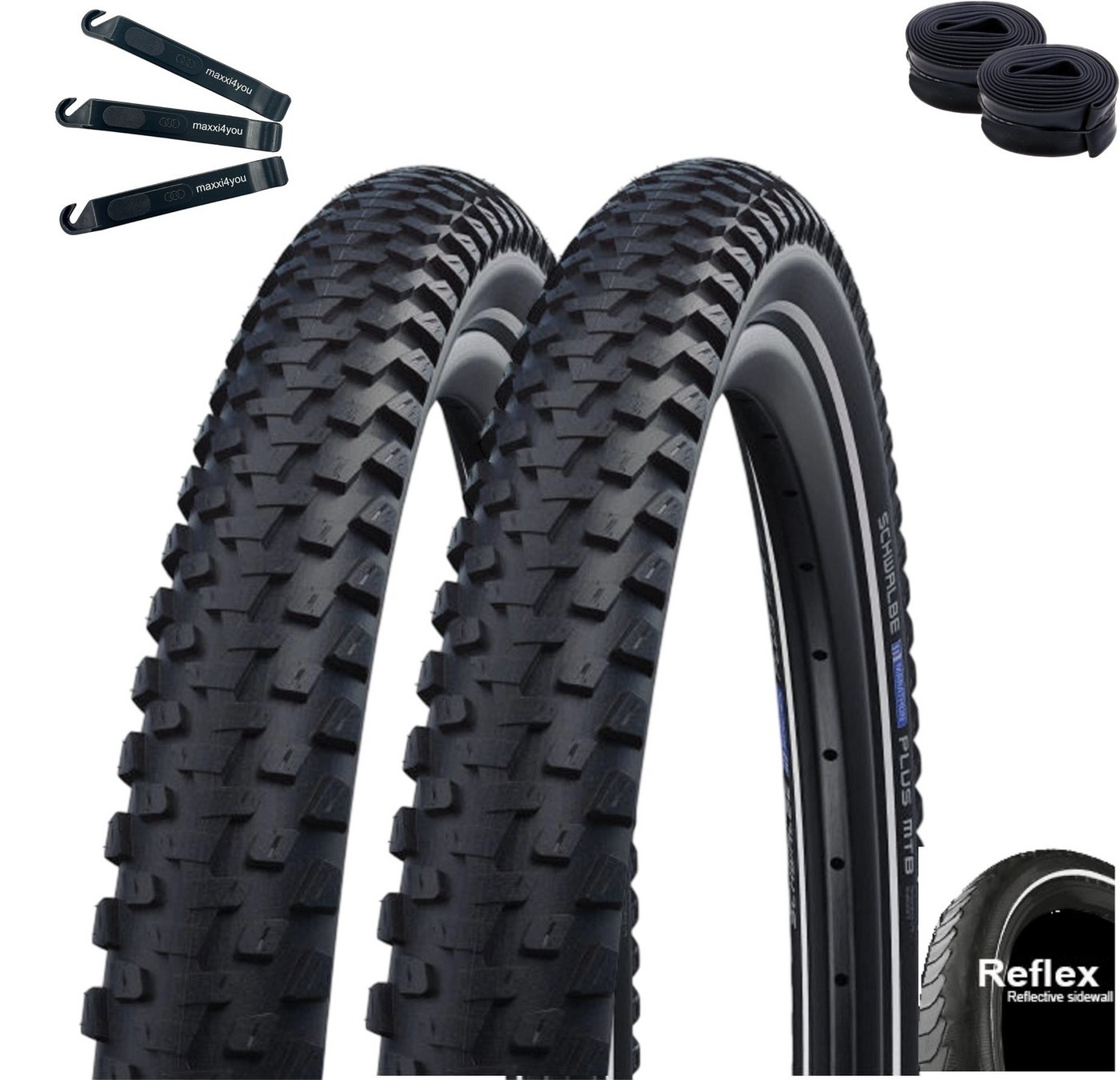 maxxi4you Fahrradreifen 2 x Schwalbe Marathon Plus MTB 29 x 2,35 (60-622) + 2 x DV19 inkl. RH